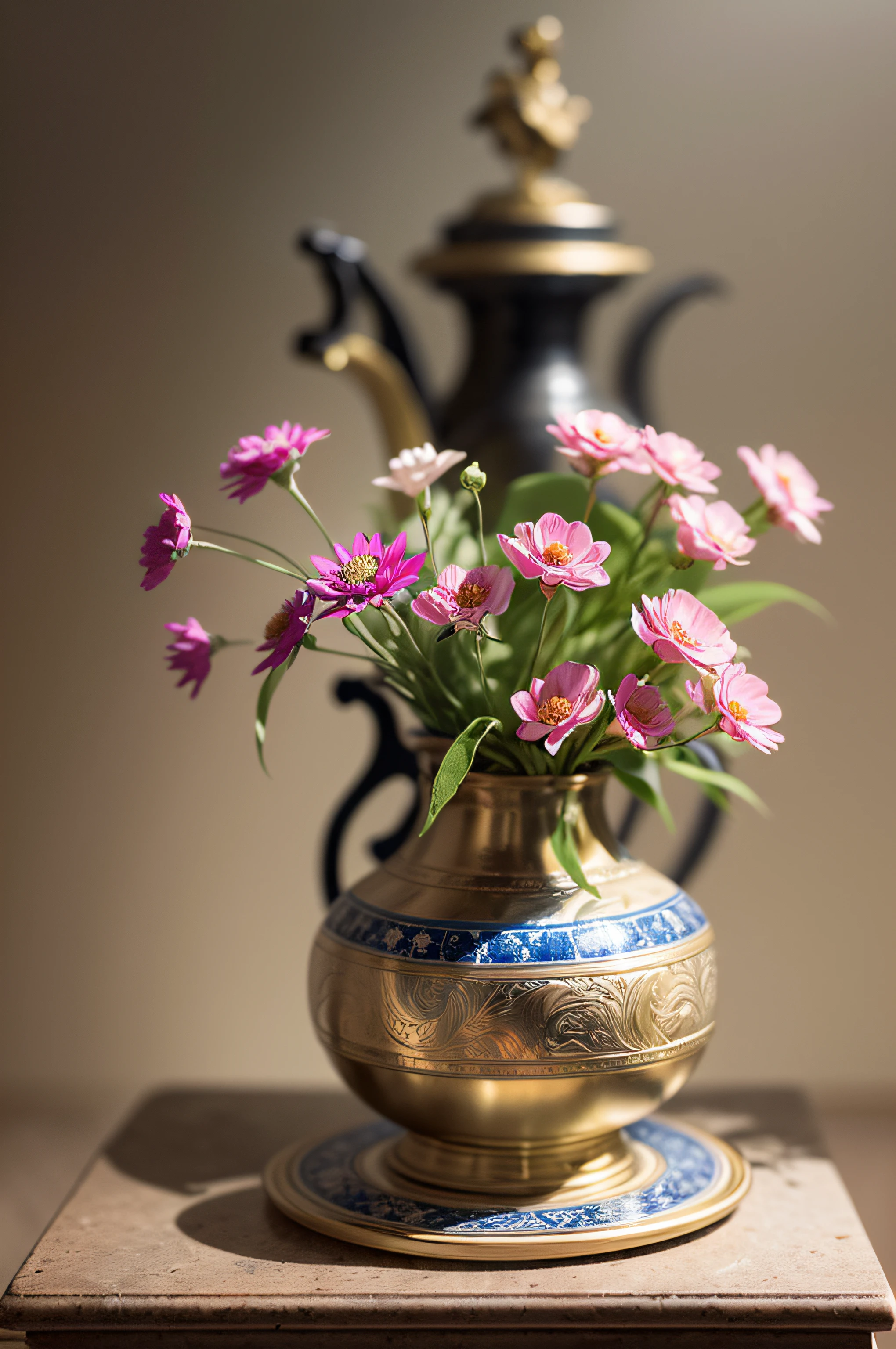 a compact still life with flowers in vase, decorative marble ancient mystical votive statue in backgrund, withering flowers all around, ((objects in realistic scale)), in the neutral dark background environment, darkened room, cinematic lighting, contrast lighting, dslr, insanely intricate details, amazing fine detail, hyper detailed, sharp focus, ultra high res, watercolor style, aquarell