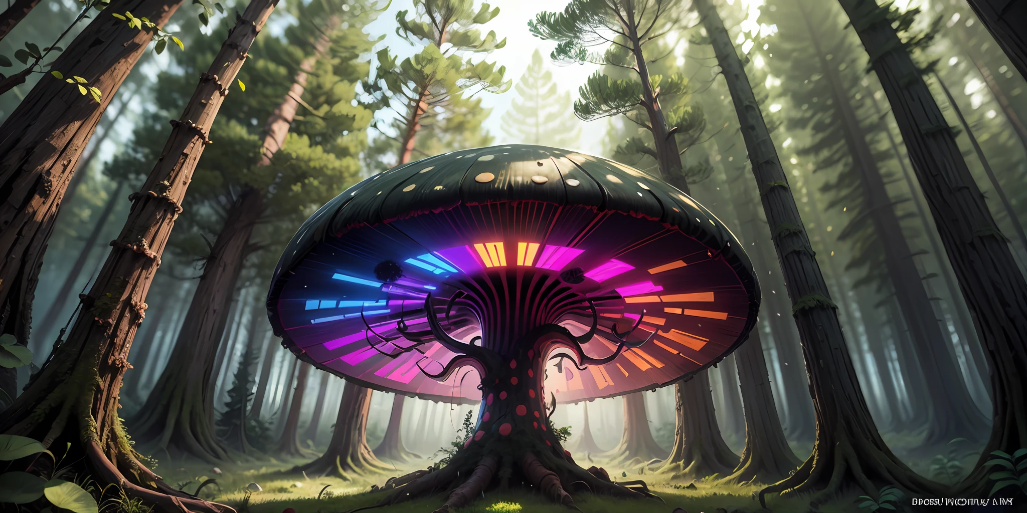 trippy big red mushroom in the pine forest realistic dark ambient dark forest realistic real forest no drawing rainbowsky --auto --s2