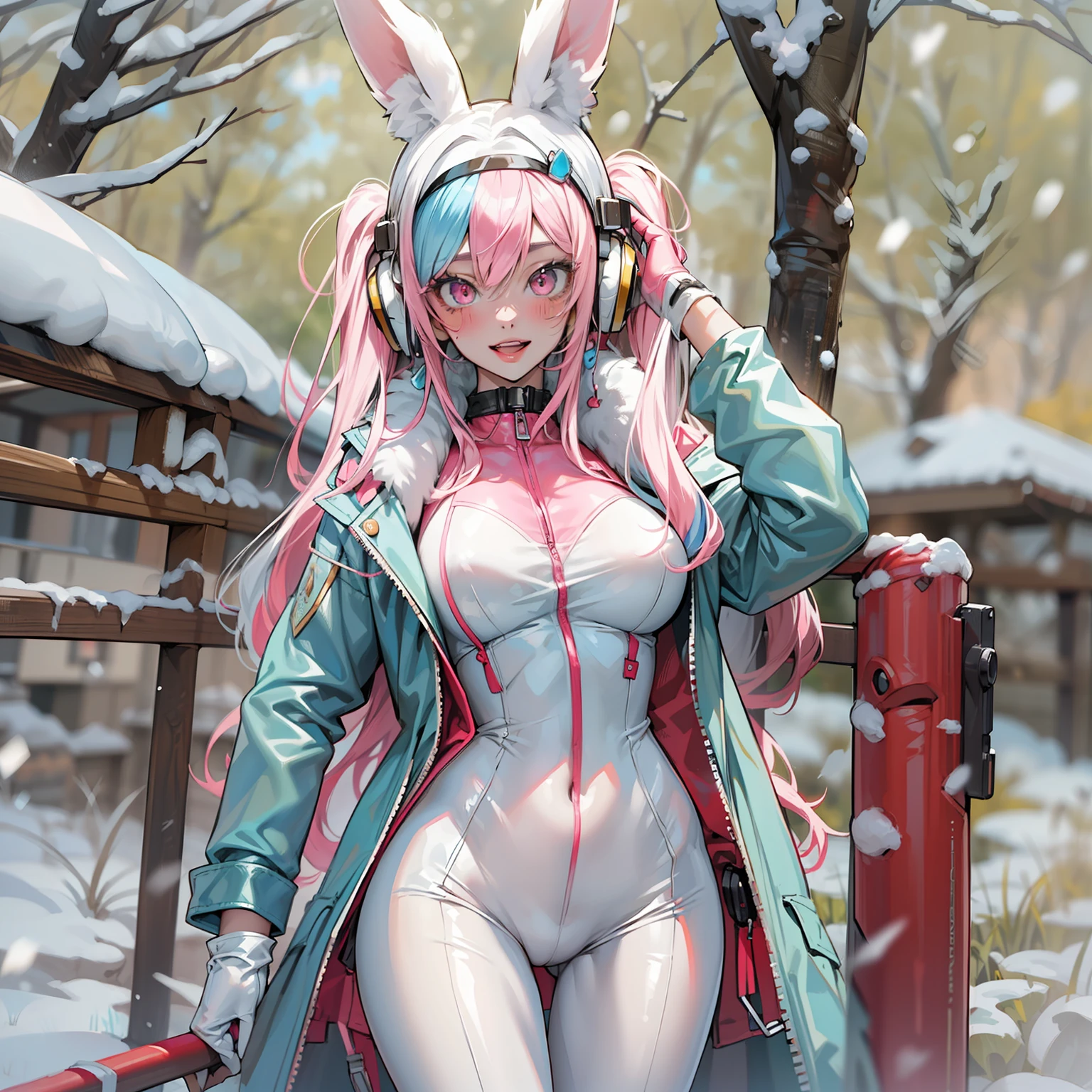 (RAW photo, best quality, masterpiece:1.2), (realistic, photo-realistic:1.4),(masterpiece:1.4),(best quality:1.4),1girl, solo, :d, animal ear headphones, animal ears, arms up, bangs, blush, bodysuit, breasts, bunny pose, clothes writing, covered navel, cowboy shot, cropped jacket, fake animal ears, gloves, outdoor,morning,snow, hair intakes, headphones, impossible bodysuit, impossible clothes, jacket, large breasts, latex, latex bodysuit, long hair, long sleeves, looking at viewer, large breasts, multicolored gloves, open mouth, pink bodysuit, pink eyes, red eyes, red jacket, shiny clothes, shrug \(clothing\), sidelocks, skin tight, smile, thigh gap, thighs, twintails, very long hair, white gloves, white hair,alice \(nikke\),(shiny skin),realistic,