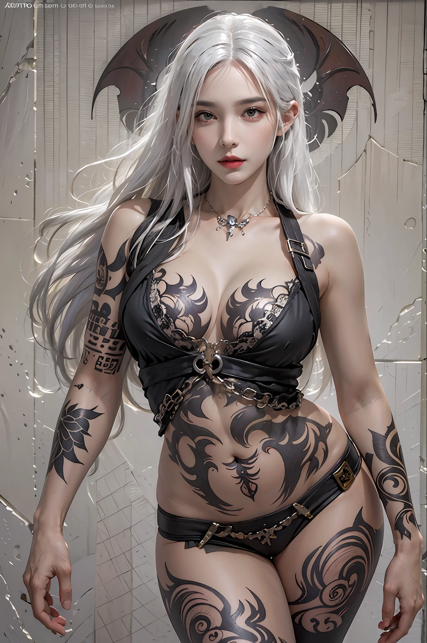 photorealistic, high resolution, 1women, solo, hips up, look at viewer, (detailed face), white hair, long hair, medium breasts, succubus, belly tattoo