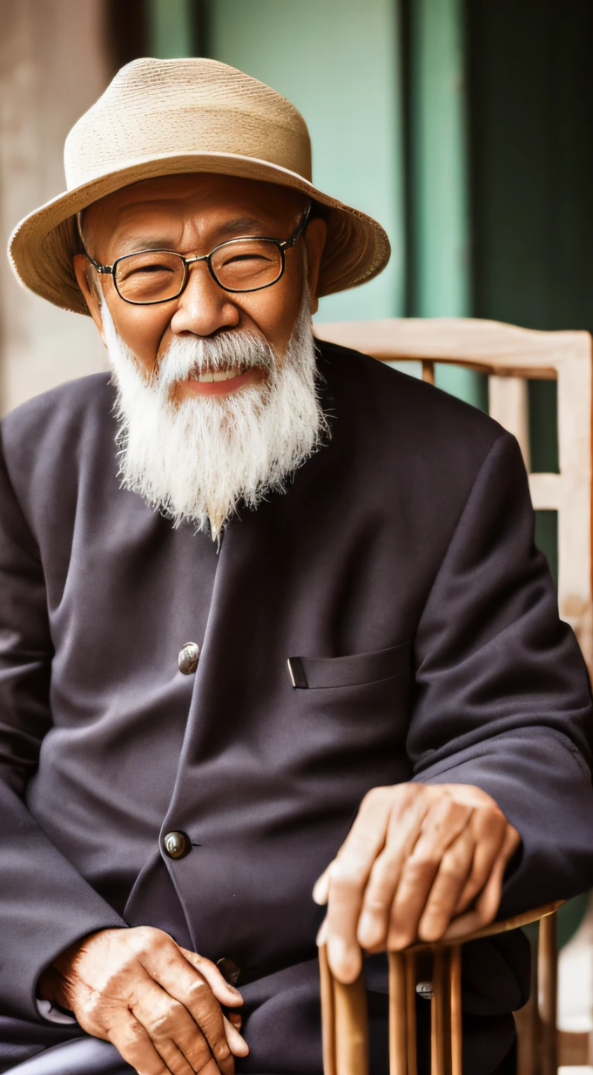 Portrait of an old man in China，With a hat，Wear glasses，sit on chair，Looks knowledgeable，Long beard，com rosto detalhado， Ultra HD in 8K, Digital SLR, Soft lighting, High quality, voluminetric lighting, candid, photographed, high resolution, 4K, 8K，Colorful，The upper part of the body，Do not show your hands