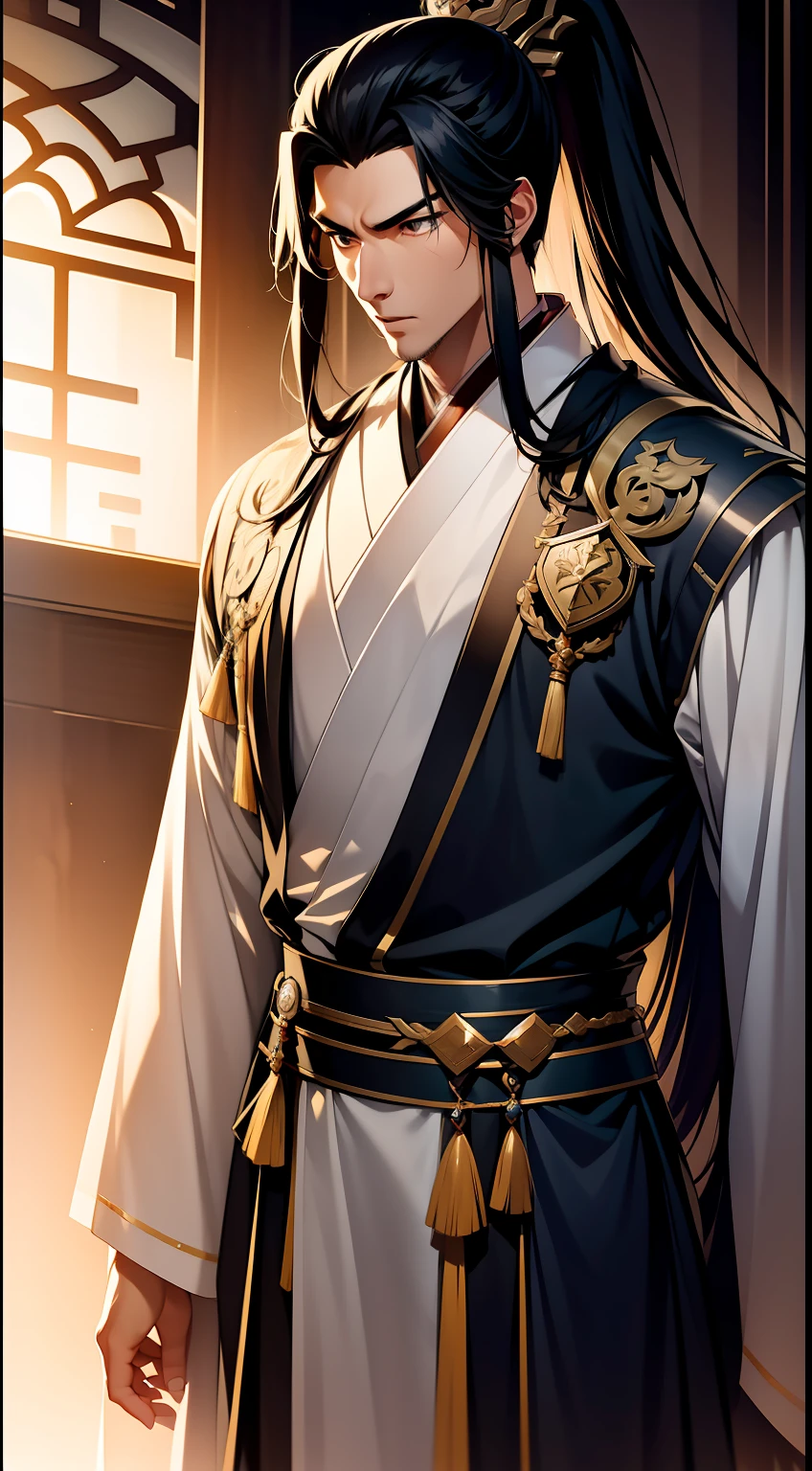 quadratic element，style of anime，mtu（Male Warrior），The proportions are correct，Face details，swordsmen，High ponytail hairstyle，Neck details，There is an Adam's apple，Golden Hanfu，kaftan，Embroidered robes，Golden robes，clothes details，Handing over，longer sleeves，Game quality，Swordsmanship，Light and shadow tracking，Ray traching，detailed glow，cg render，hair detail，cabellos largos dorados，Golden eyes，Handsome，Handsome，（juvenile sense），Clothing is complicated，Perfectcomposition，Refinement，high qulity，higher details，Lots of details，The background is complex，a sense of atmosphere，