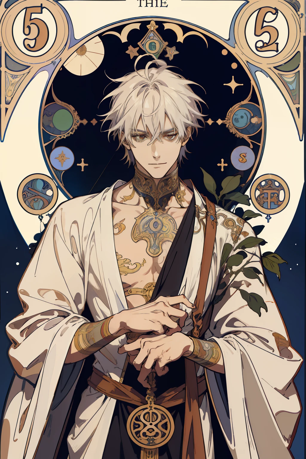 (absurdress, hight resolution, overdetalization), 1 male,  up, short white disheveled hair, brown eye, A smirk on his face, cutest, tall muscular guy, wide shoulders, Detailed eyes and detailed face, fool \tarot\, bard, clown, Symbolism, visual art, occultism, Universal, Vision Casting, Philosophical, Iconography, Numerology, Popularity, an artistic, by Alphonse Mucha