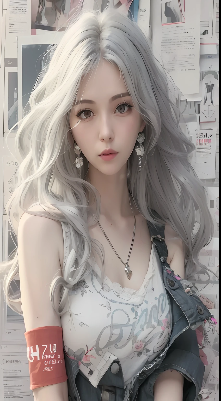 a close up of a woman with long gray hair wearing a denim jacket, Girl silver hair, long  white hair, Silver hair girl, silver curly hair, with long white hair, White curly hair, wavy white long hair, messy wavy white hair, Perfect white haired girl, Beautiful anime style, silber hair, Flowing white hair, Girl with white hair