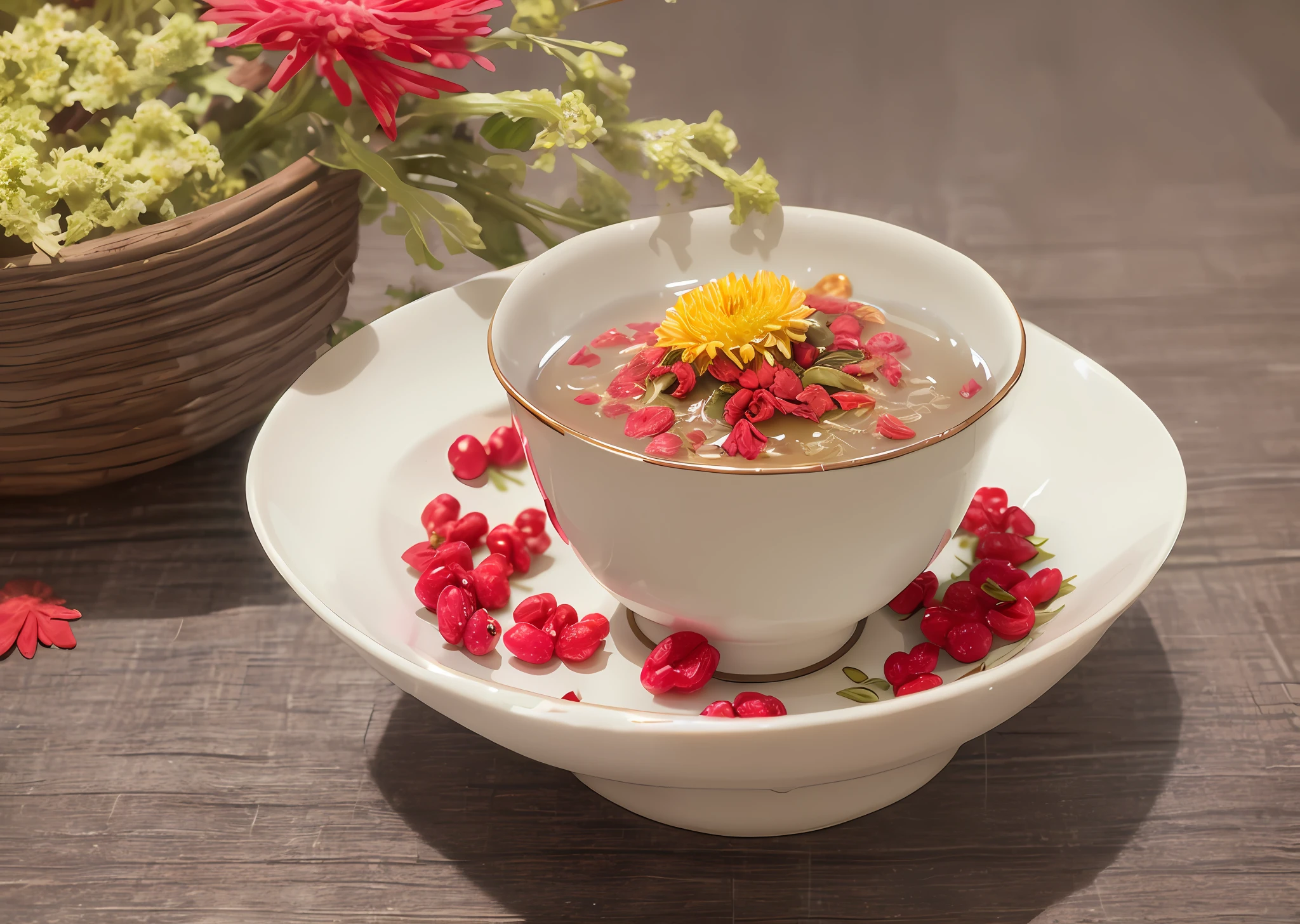 Adjust to normal，A few goji berries and small flowers dot the picture