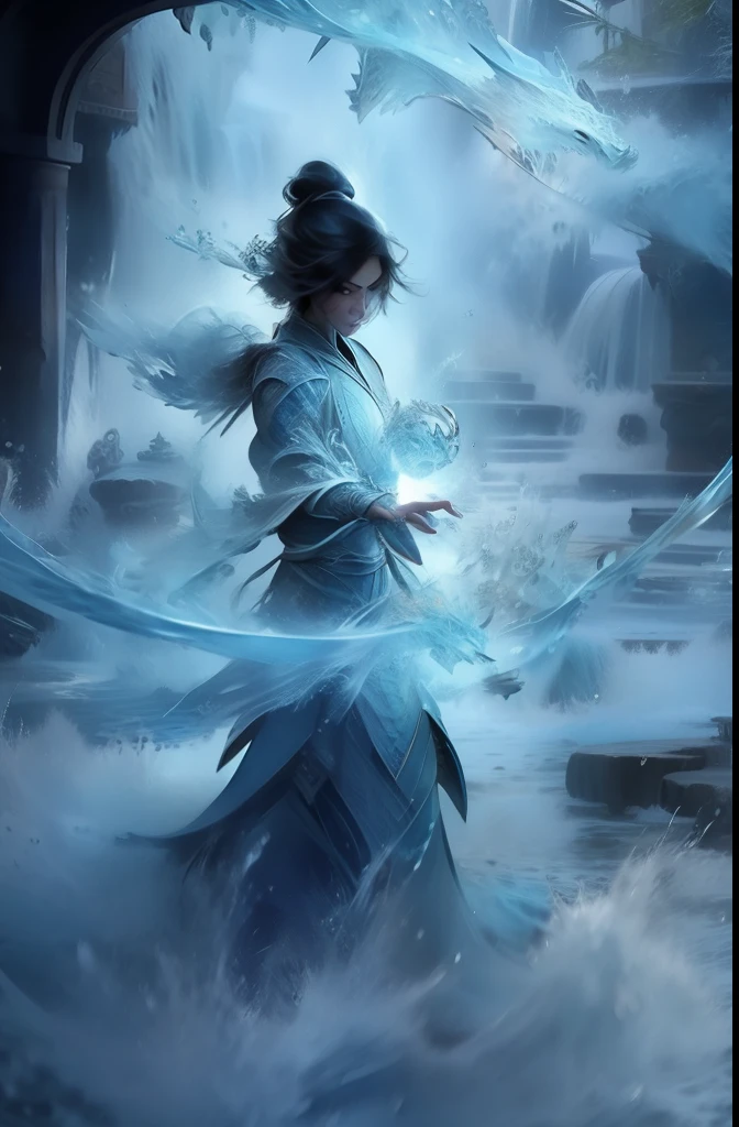 Water god,1womanl,Intricate background details,Exquisite clothing,The woman confronts the ice dragon