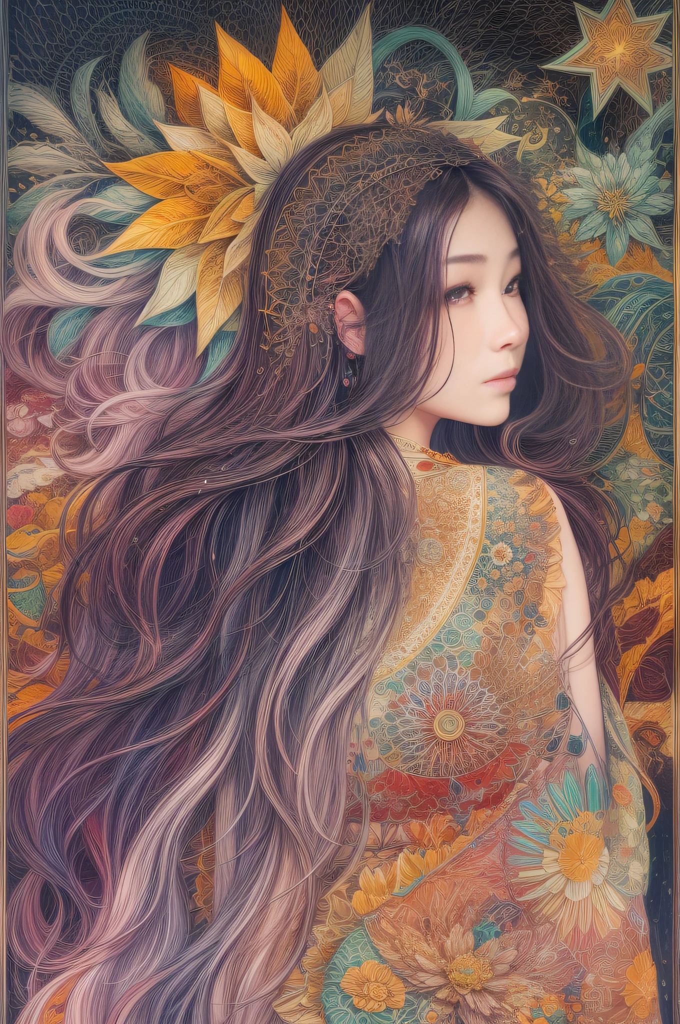 （Asian star beauty side face，long whitr hair，eye closeds，Masterpiece Narcissus），with rainbow colored background，（illustratio：1.2，paper art：1.2，zentangle，3Drenderingof），（best qualtiy，high detal，tmasterpiece，Cinematic lighting effects，4K，Chiaroscuro）