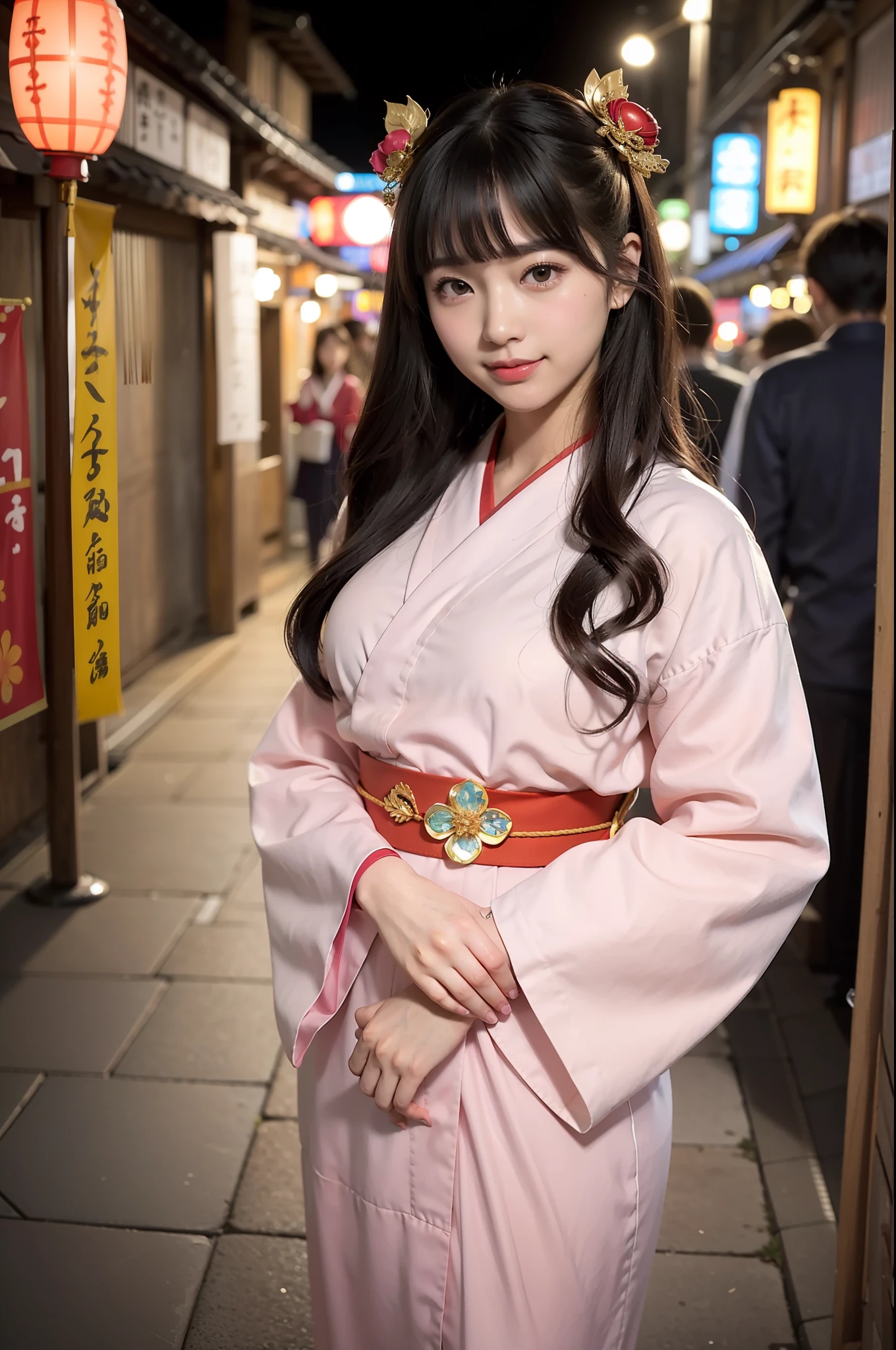 Photo Real、photoRealstic　Dark hair、Japan hair ornament、Kanzashi、Fancy hair ornaments、Flashy kanzashi、Lots of bangs、hair adornments、Tied hair　with round face、drooing eyes、cheeks turn red、Very smiling、Neat face　Brightly colored yukata robes、Japanese Yukata、Yukata with flashy pattern、Yukata with flashy illustrations、Large belly roll　hi-school girl、sixteen years old、japanes、skinny  body、Beautiful skin　Bold poses、Have fun、full body Esbian　Background with、Summer Festivals、Midnight、skyrocket、Crowds、takeout、Crowded alleys、An alley where many people are walking