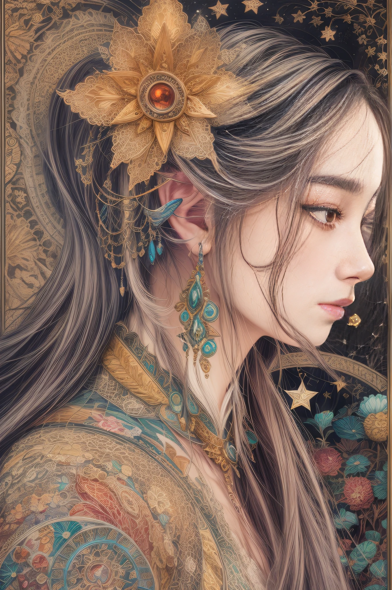 (Asian star beauty side face,long whitr hair,eye closeds,Masterpiece Narcissus),with rainbow colored background,(illustratio:1.2,paper art:1.2,zentangle,3Drenderingof),(best qualtiy,high detal,tmasterpiece,Cinematic lighting effects,4K,Chiaroscuro)