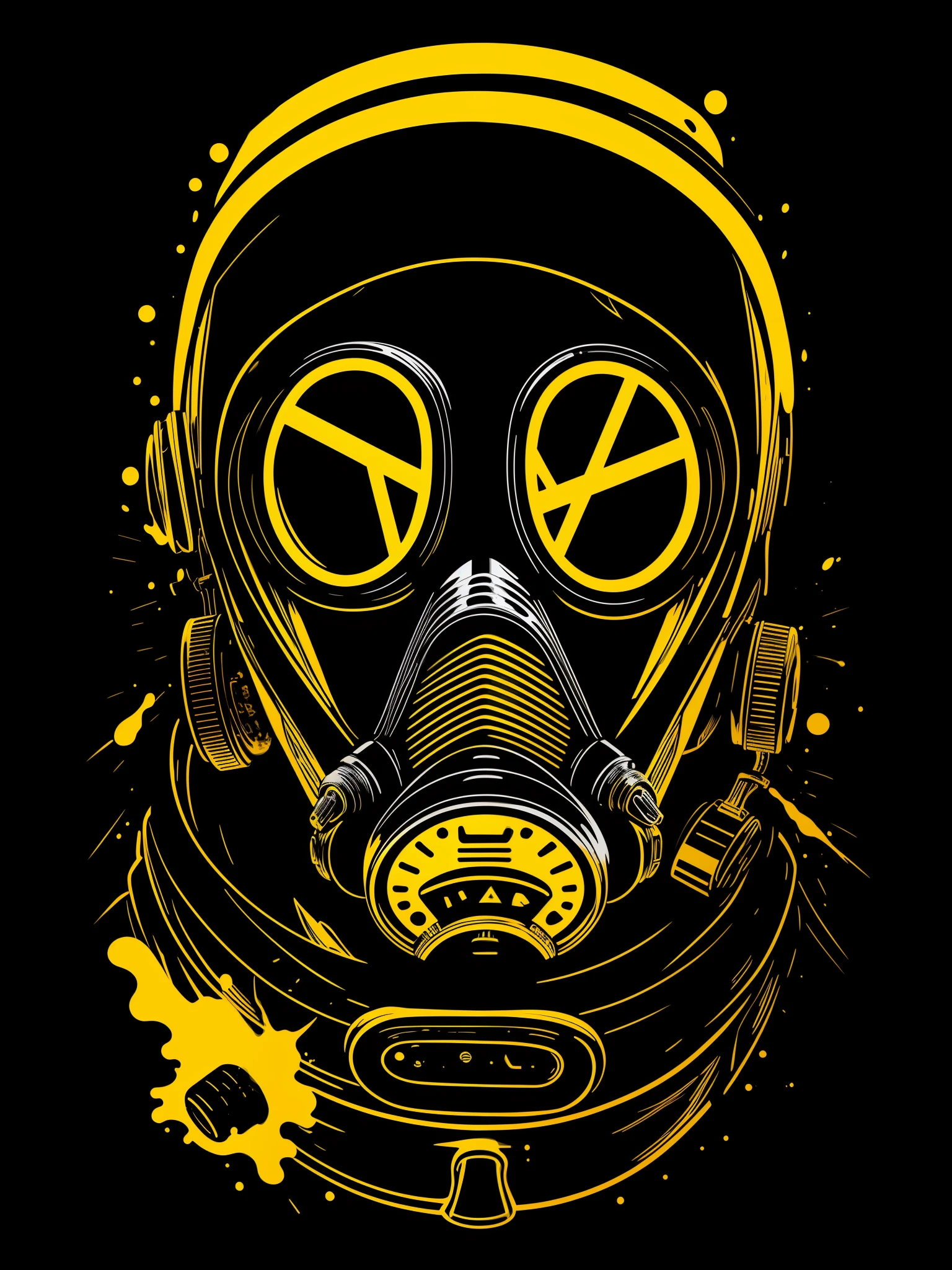 pixador skeleton with gas mask and cap, splash, spray, tracks, 80's, vector image, t-shirt design, isolated, black background, illustration, use only yellow and red green colors, with letters "TDR" highlighted