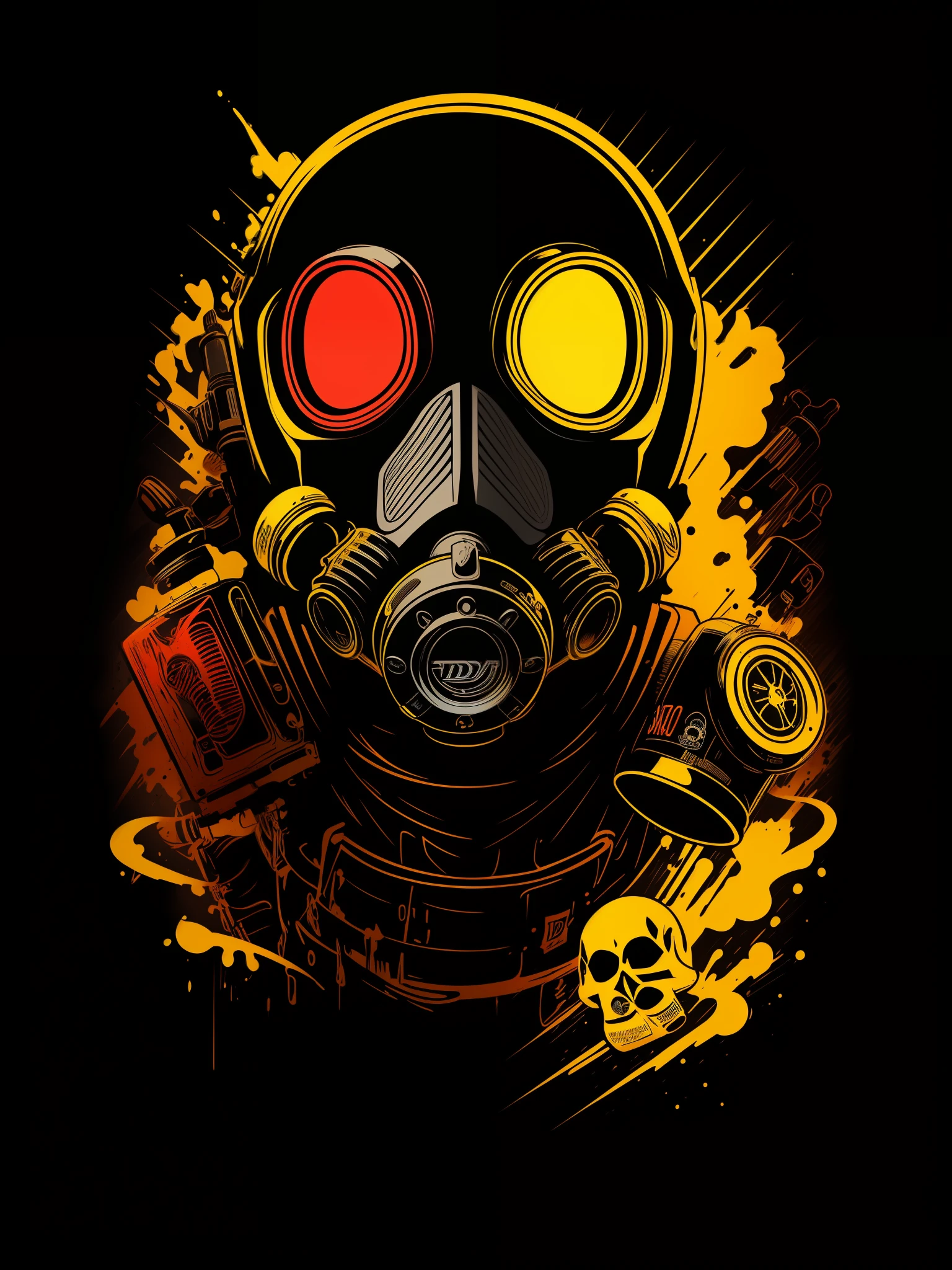 pixador skeleton with gas mask and cap, splash, spray, tracks, 80's, vector image, t-shirt design, isolated, black background, illustration, use only yellow and red green colors, with letters "TDR" highlighted