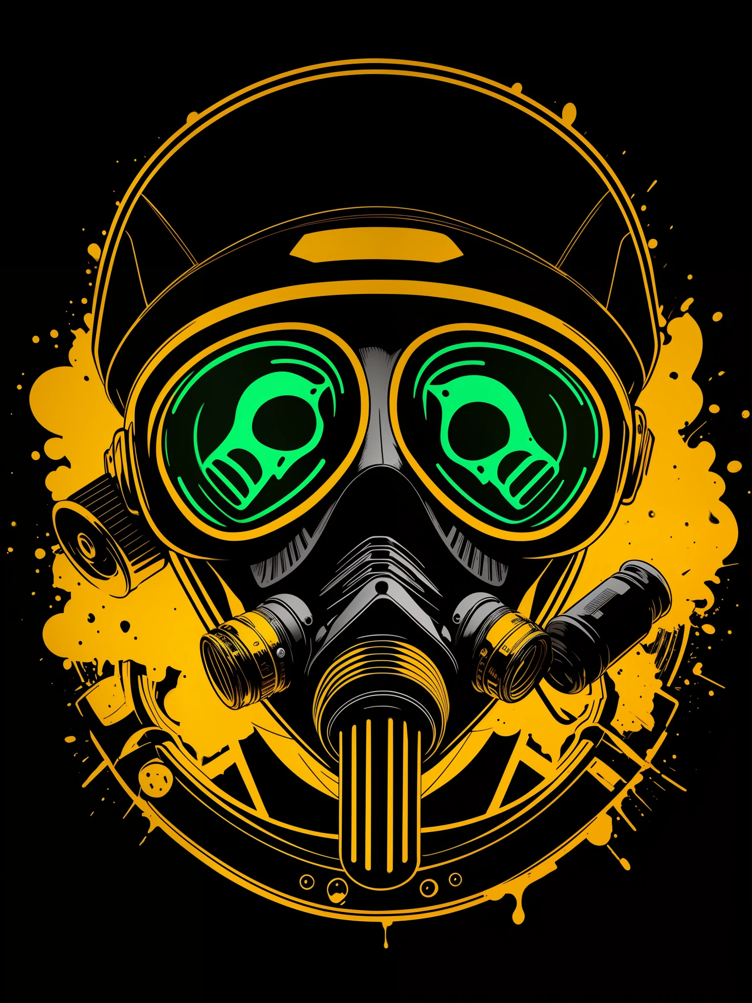 pixador skeleton with gas mask and cap, splash, spray, tracks, 80's, vector image, t-shirt design, isolated, black background, illustration, use only yellow and red green colors, with letters "TDR" highlighted