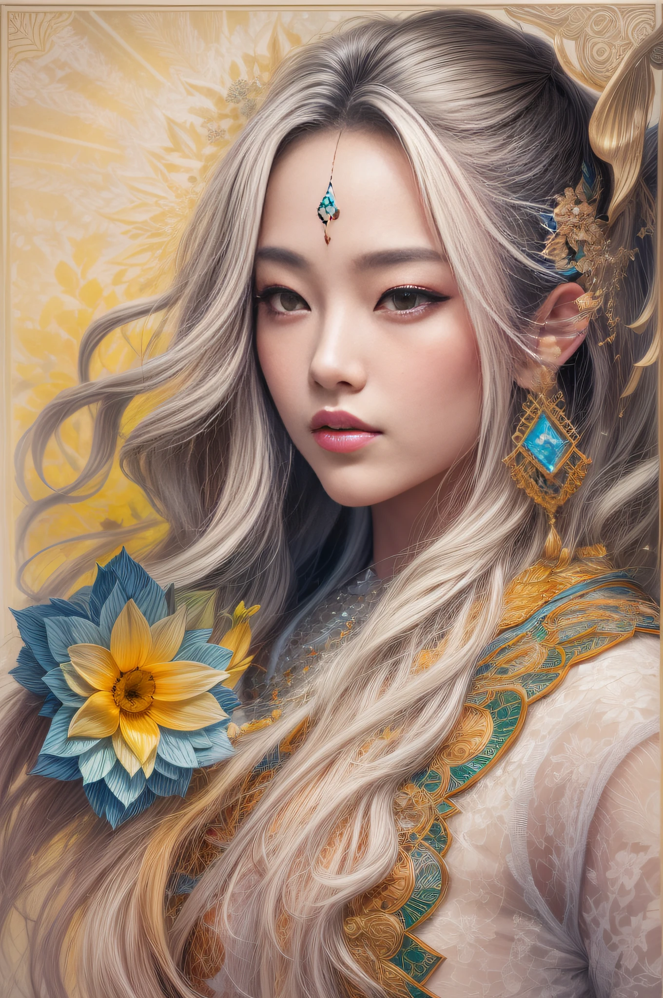 (Asian star beauty side face,long whitr hair,eye closeds,Masterpiece Narcissus),with rainbow colored background,(illustratio:1.2,paper art:1.2,zentangle,3Drenderingof),(best qualtiy,high detal,tmasterpiece,Cinematic lighting effects,4K,Chiaroscuro)