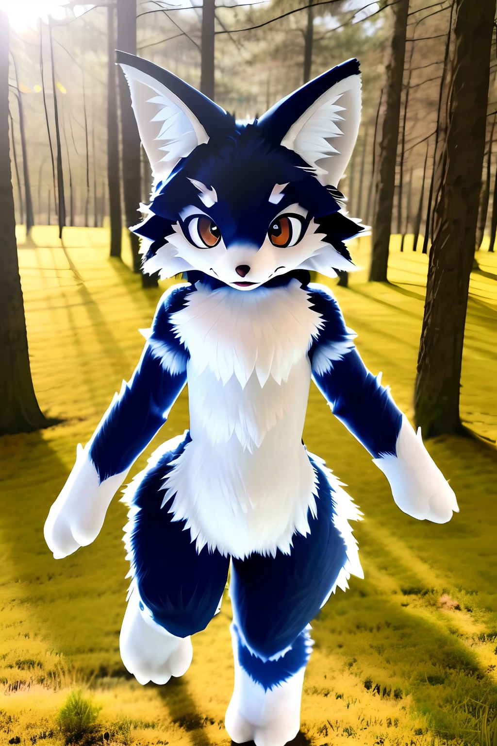 RAW photo, uhd, DSLR, high quality, realistic, photo realistic, dreamlikeart, lens flare, standing, upper body, looking at viewer, animal focus, furry, animal costume, wolf, cute, kawaii, cute, cute, fur, fur head, narrow waist, fox ears, paws, paw shoes, white fur, slim figure, flat chest, thigh notched, navy blue hair