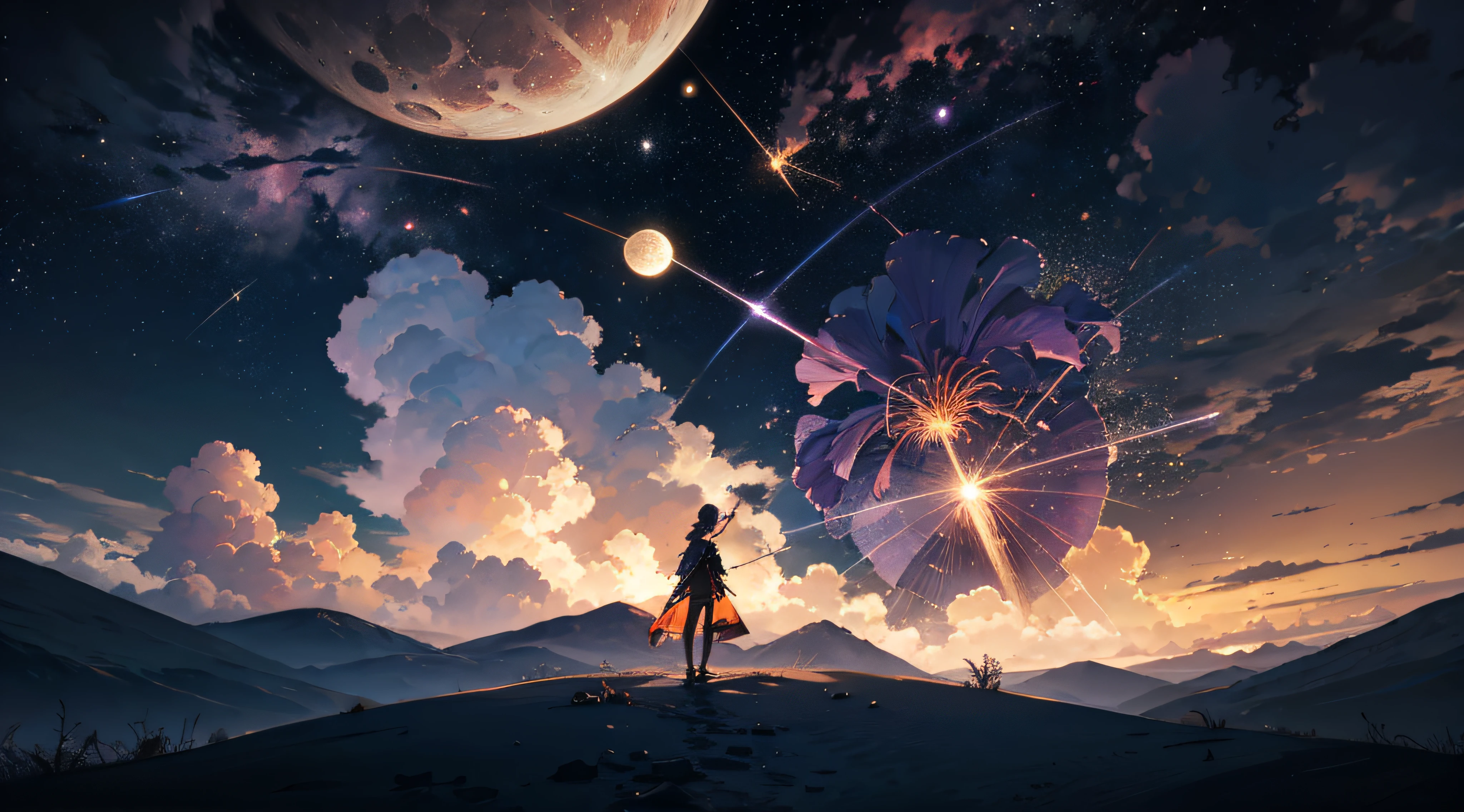 Expansive landscape photograph,(moon full:1.2),(meteors:0.9),(Starcloud:1.3),(Warm light source:1.2),(glowworm:1.2),lamp lights,Lots of purple and orange,Complicated details,Volumetriclighting,Realism BREAK(tmasterpiece:1.2),(best qualtiy),8K,Ultra-detailed,(dynamic compositions:1.4),The is very detailed,Colorful details,(Irridescent color:1.2),(luminouslighting,Atmospheric lighting),dream magical,magical,(独奏:1.2),((best qualtiy)), ((tmasterpiece)), (the detail:1.4),depth of fields,maximum definition and sharpness,perfectly proportions,Fluttering clouds,Wallpapers