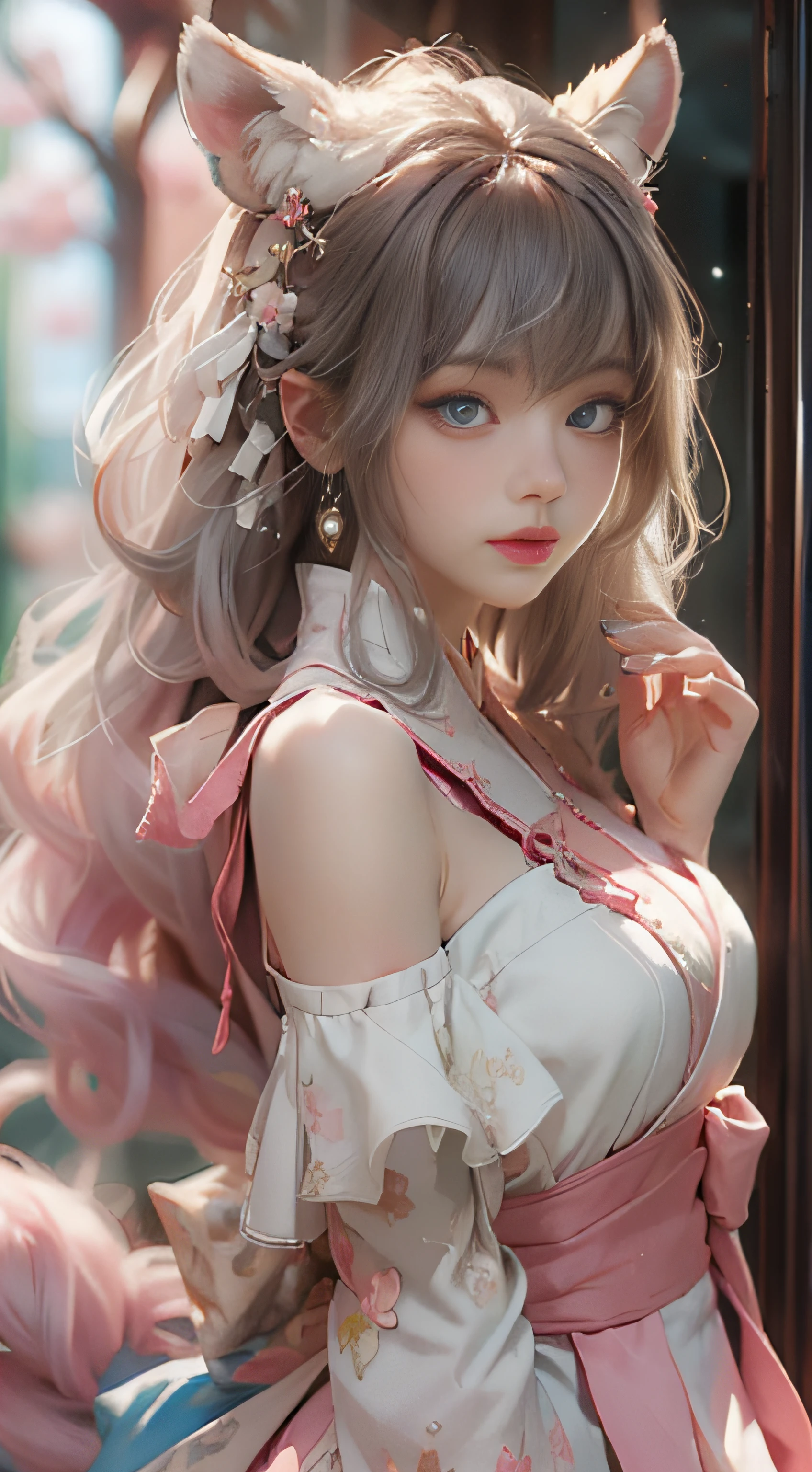 ((best qualtiy)), ((tmasterpiece)), (detail:1.4), Beautiful cyberpunk female images,hdr(HighDynamicRange),Ray traching,NVIDIA RTX,Hyper-Resolution,illusory 5,sub surface scattering,PBR textures,post-proces,Anisotropy Filtering,depth of fields,maximum definition and sharpness,Many-Layer Textures,Albedo e mapas Speculares,Surface coloring,Mitsu-Accurate simulation of material interactions,perfectly proportioned,rendering by octane,Two-colored light,largeaperture,Low ISO,White balance,Rule three points、8K raw data、Beautiful bright blue pupils,off-the-shoulder clothes,Fine pupils,Delicate face and eyes,long eyelasher,Blushlush,Delicate and fluffy hair,pink lip,Pure,Cute face,Sweet girl,Artistic sense,Casual wear,Advancedsense,butterflys,Cherry blossom petal,Beautiful hair accessories,Long hair and waist,Hair fluttering in the wind,Snow-white fox ears,curlies,Snow-white fluffy tail,Positive light,The light from the back window is backlighted