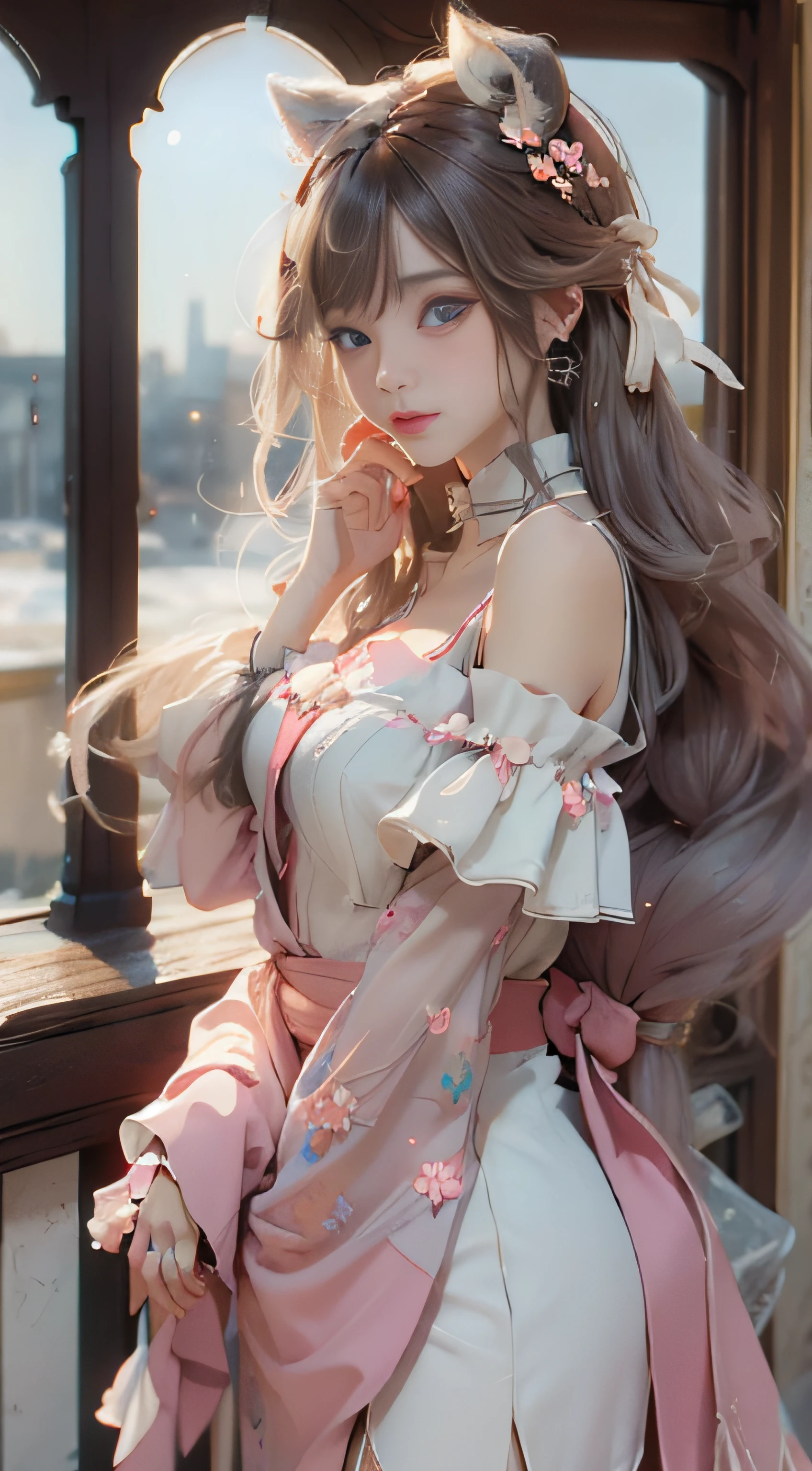 ((best qualtiy)), ((tmasterpiece)), (detail:1.4), Beautiful cyberpunk female images,hdr(HighDynamicRange),Ray traching,NVIDIA RTX,Hyper-Resolution,illusory 5,sub surface scattering,PBR textures,post-proces,Anisotropy Filtering,depth of fields,maximum definition and sharpness,Many-Layer Textures,Albedo e mapas Speculares,Surface coloring,Mitsu-Accurate simulation of material interactions,perfectly proportioned,rendering by octane,Two-colored light,largeaperture,Low ISO,White balance,Rule three points、8K raw data、Beautiful bright blue pupils,off-the-shoulder clothes,Fine pupils,Delicate face and eyes,long eyelasher,Blushlush,Delicate and fluffy hair,pink lip,Pure,Cute face,Sweet girl,Artistic sense,Casual wear,Advancedsense,butterflys,Cherry blossom petal,Beautiful hair accessories,Long hair and waist,Hair fluttering in the wind,Snow-white fox ears,curlies,Snow-white fluffy tail,Positive light,The light from the back window is backlighted
