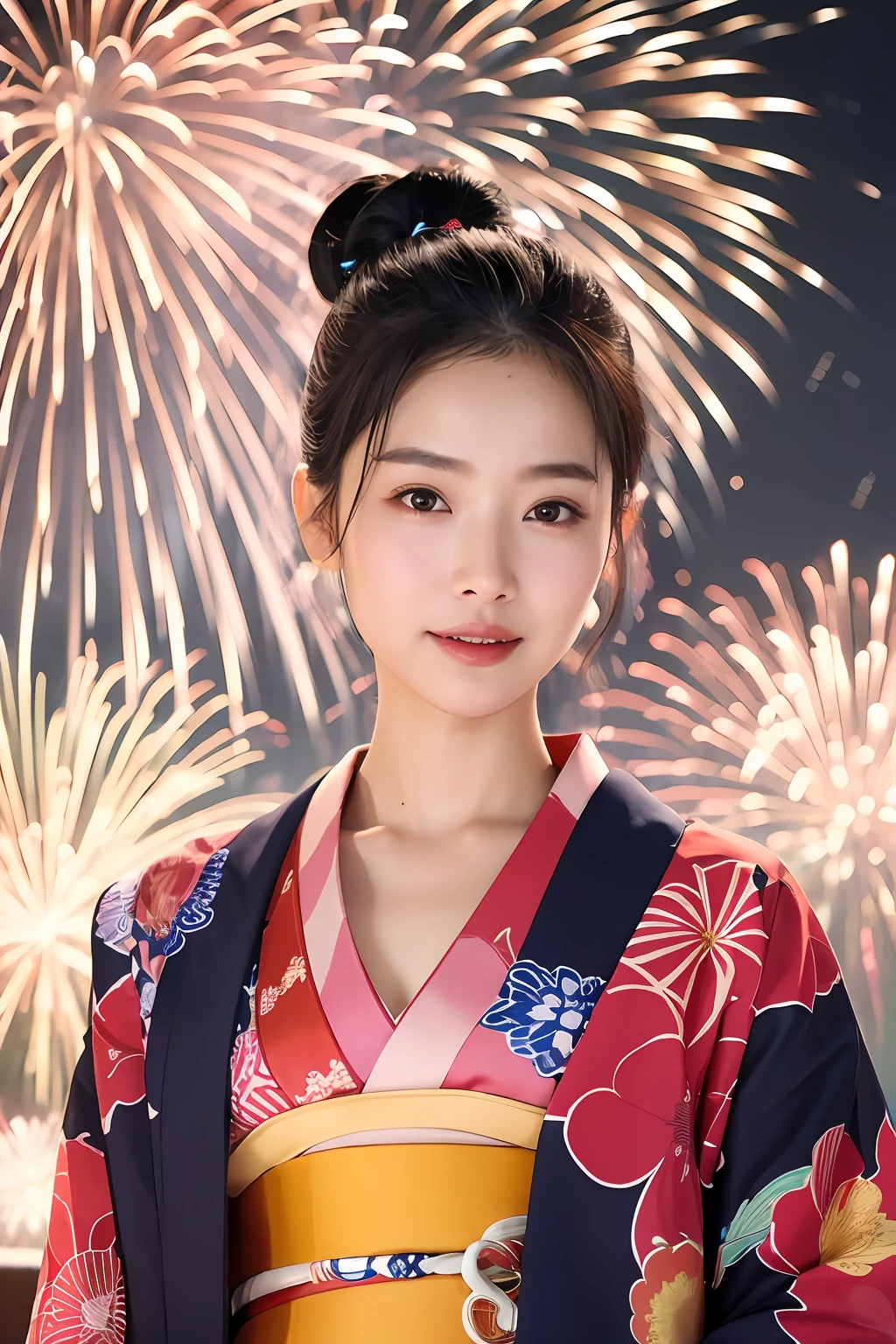 (extra detailed body、extra detailed face、best qualtiy:1.2)、femele、looking at the viewers、(kimono)、(fireworks at background:1.4)
