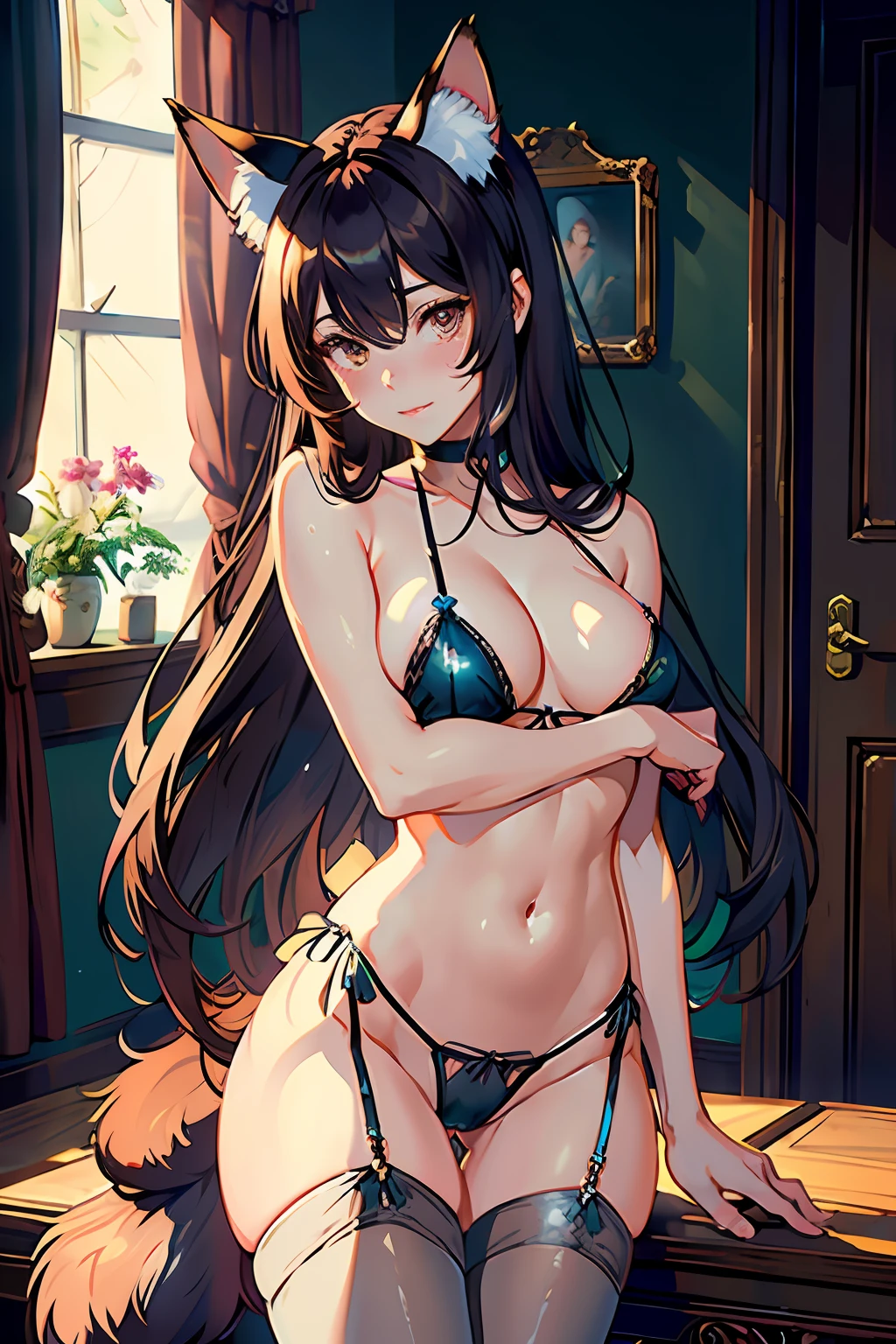 "There is a ((girl with cat ears and fox tail)) (( showing her vajina)), fantasy, with brown hair.(DARK hair). (((Bajina remarked)). Note "even the smallest details of the image, especially the details of the eyes, Emphasizing realism. This official Unreal Art Wallpaper (8k)is a highly detailed, beautifully detailed, Aesthetic masterpiece of the highest quality. The use of dynamic angles shows the elegance and romanticism of the image. This character has large breasts, ((No panties))". Stockings, tight transparent silk, Super thin clothes, ((remarked vajina)) Tight transparent thin fabric, (( exposed)) visible navel, legs open, ((remarked bajina)) ((erotic lingerie thin transparent bikini)) squeezing her breasts, ((without clothes)) naked ((blushing)) ((happy)))