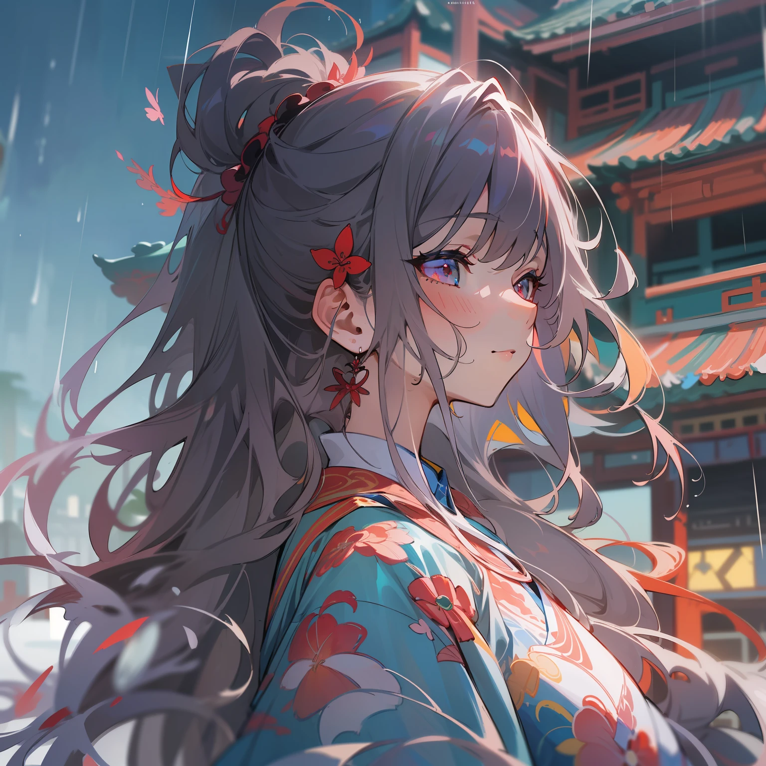 (8k, RAW photo: 1.2), highest quality, ultra-high resolution, dramatic angle, (fine color splashes), (illustration), (((one girl))), (long hair), (rain: 0.9), (hair ornament: 1.4), there is an ancient palace next to the girl, cheongsam, (focus), color ink painting, (color splash), colorful splash, (((colorful))), (sketch: 0.8) ), masterpiece, top quality, beautifully painted, highly detailed, (noise reduction: 0.6), [splash ink], ((ink refraction)), (beautifully detailed sky), moon, highly detailed , (masterpiece, highest quality, highly detailed) CG Unity 8k wallpaper, masterpiece, highest quality, ultra-detailed), (Lycoris radiata),,