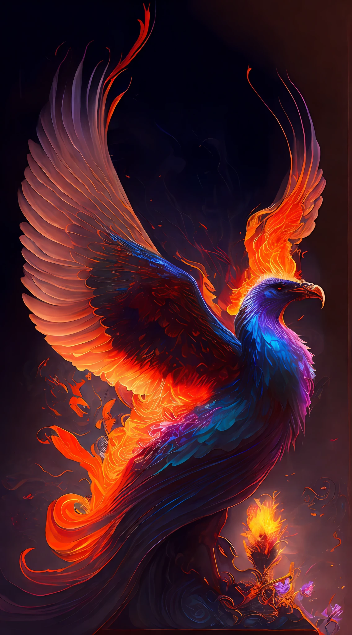 ((obra maestra)), alta calidad, Stunning illustration, A majestic phoenix, fuego ardiente, plumas resplandecientes, destellos de luz, fondo oscuro, mystic atmosphere, arte digital detallado y cautivador.