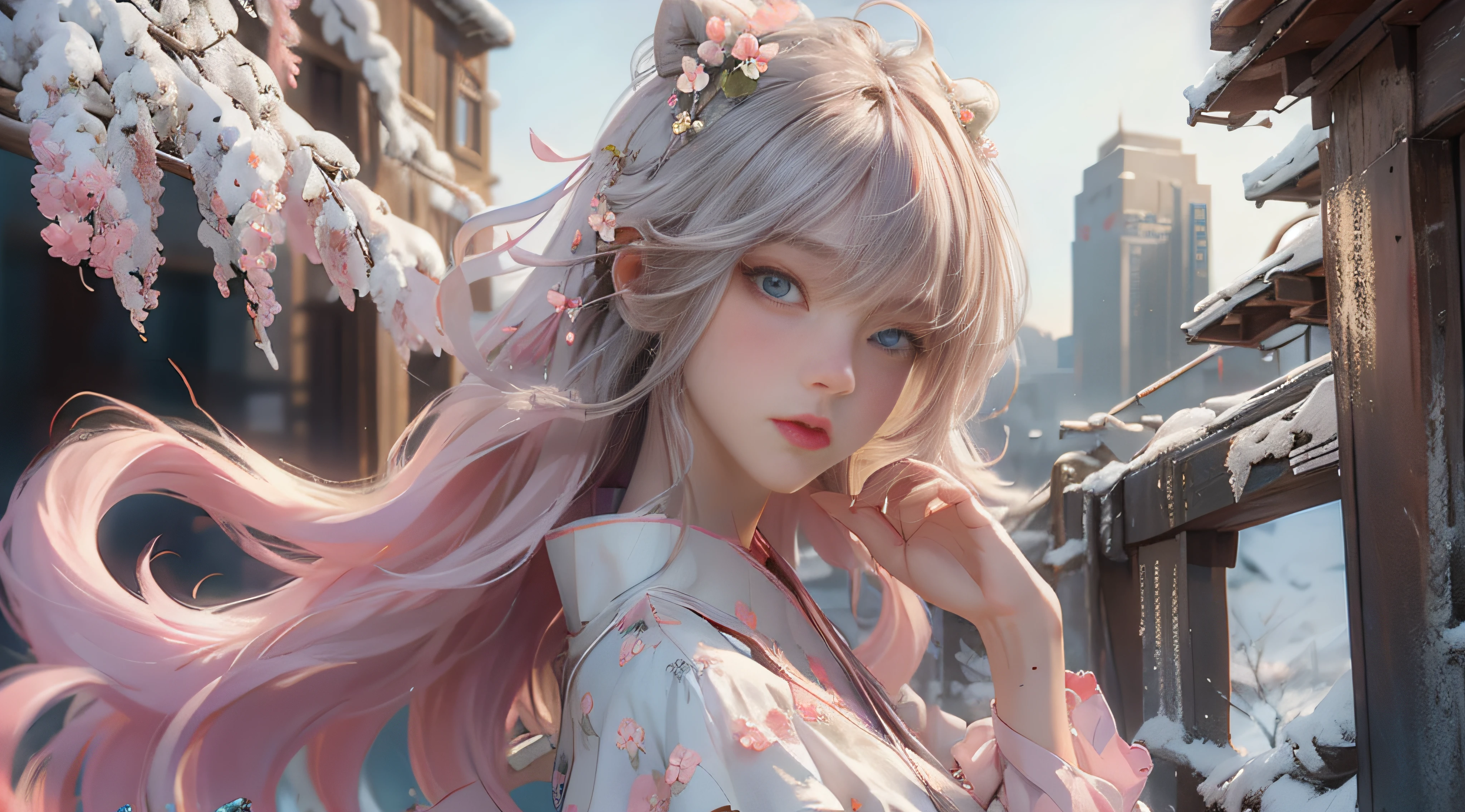 ((best qualtiy)), ((tmasterpiece)), (detail:1.4), Beautiful cyberpunk female images,hdr(HighDynamicRange),Ray traching,NVIDIA RTX,Hyper-Resolution,illusory 5,sub surface scattering,PBR textures,post-proces,Anisotropy Filtering,depth of fields,maximum definition and sharpness,Many-Layer Textures,Albedo e mapas Speculares,Surface coloring,Mitsu-Accurate simulation of material interactions,perfectly proportioned,rendering by octane,Two-colored light,largeaperture,Low ISO,White balance,Rule three points、8K raw data、Beautiful bright blue pupils,off-the-shoulder clothes,Fine pupils,Delicate face and eyes,long eyelasher,Blushlush,Delicate and fluffy hair,pink lip,Pure,Cute face,Sweet girl,Artistic sense,Casual wear,Advancedsense,butterflys,Cherry blossom petal,Beautiful hair accessories,Long hair and waist,Hair fluttering in the wind,Snow-white fox ears,curlies,Snow-white fluffy tail,Positive light,The light from the back window is backlighted