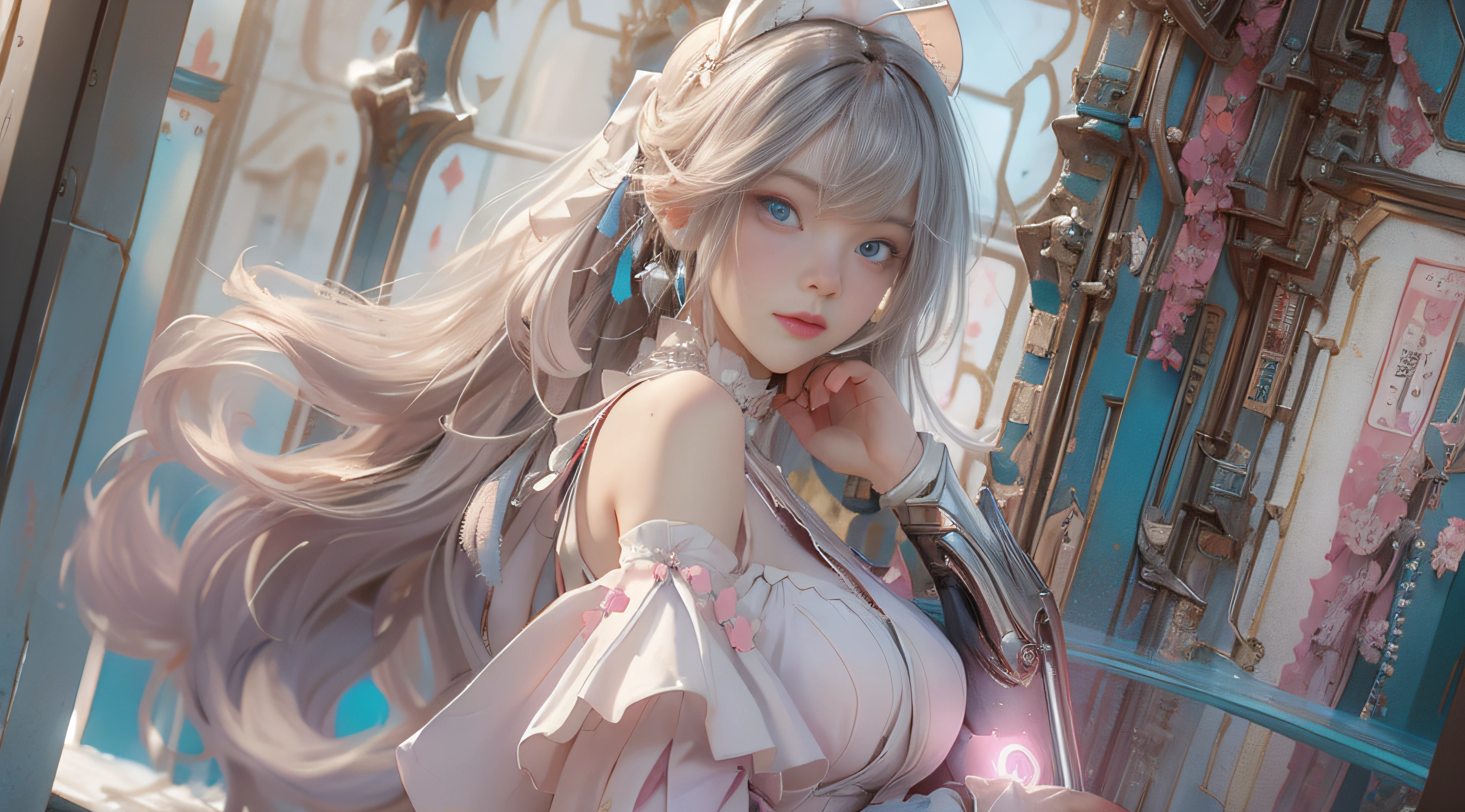 ((best qualtiy)), ((tmasterpiece)), (detail:1.4), Beautiful cyberpunk female images,hdr(HighDynamicRange),Ray traching,NVIDIA RTX,Hyper-Resolution,illusory 5,sub surface scattering,PBR textures,post-proces,Anisotropy Filtering,depth of fields,maximum definition and sharpness,Many-Layer Textures,Albedo e mapas Speculares,Surface coloring,Mitsu-Accurate simulation of material interactions,perfectly proportioned,rendering by octane,Two-colored light,largeaperture,Low ISO,White balance,Rule three points、8K raw data、Beautiful bright blue pupils,off-the-shoulder clothes,Fine pupils,Delicate face and eyes,long eyelasher,Blushlush,Delicate and fluffy hair,pink lip,Pure,Cute face,Sweet girl,Artistic sense,Casual wear,Advancedsense,butterflys,Cherry blossom petal,Beautiful hair accessories,Long hair and waist,Hair fluttering in the wind,Snow-white fox ears,curlies,Snow-white fluffy tail,Positive light,The light from the back window is backlighted