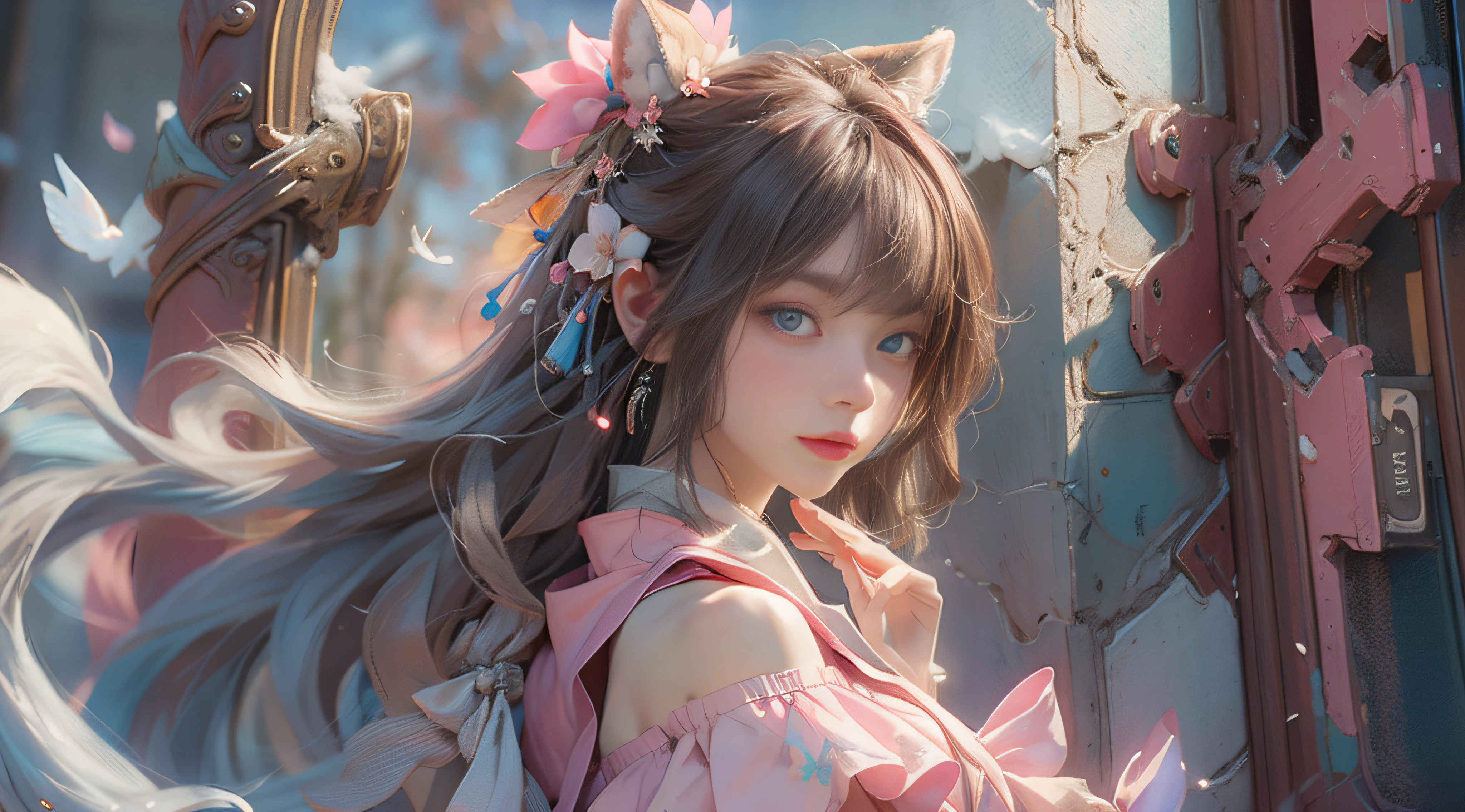 （（best qualtiy））， （（tmasterpiece））， （detail：1.4）， Beautiful cyberpunk female images，hdr（HighDynamicRange），Ray traching，NVIDIA RTX，Hyper-Resolution，illusory 5，sub surface scattering，PBR textures，post-proces，Anisotropy Filtering，depth of fields，maximum definition and sharpness，Many-Layer Textures，Albedo e mapas Speculares，Surface coloring，Mitsu-Accurate simulation of material interactions，perfectly proportioned，rendering by octane，Two-colored light，largeaperture，Low ISO，White balance，Rule three points、8K raw data、Beautiful bright blue pupils，off-the-shoulder clothes，Fine pupils，Delicate face and eyes，long eyelasher，Blushlush，Delicate and fluffy hair，pink lip，Pure，Cute face，Sweet girl，Artistic sense，Casual wear，Advancedsense，butterflys，Cherry blossom petal，Beautiful hair accessories，Long hair and waist，Hair fluttering in the wind，Snow-white fox ears，curlies，Snow-white fluffy tail，Positive light，The light from the back window is backlighted