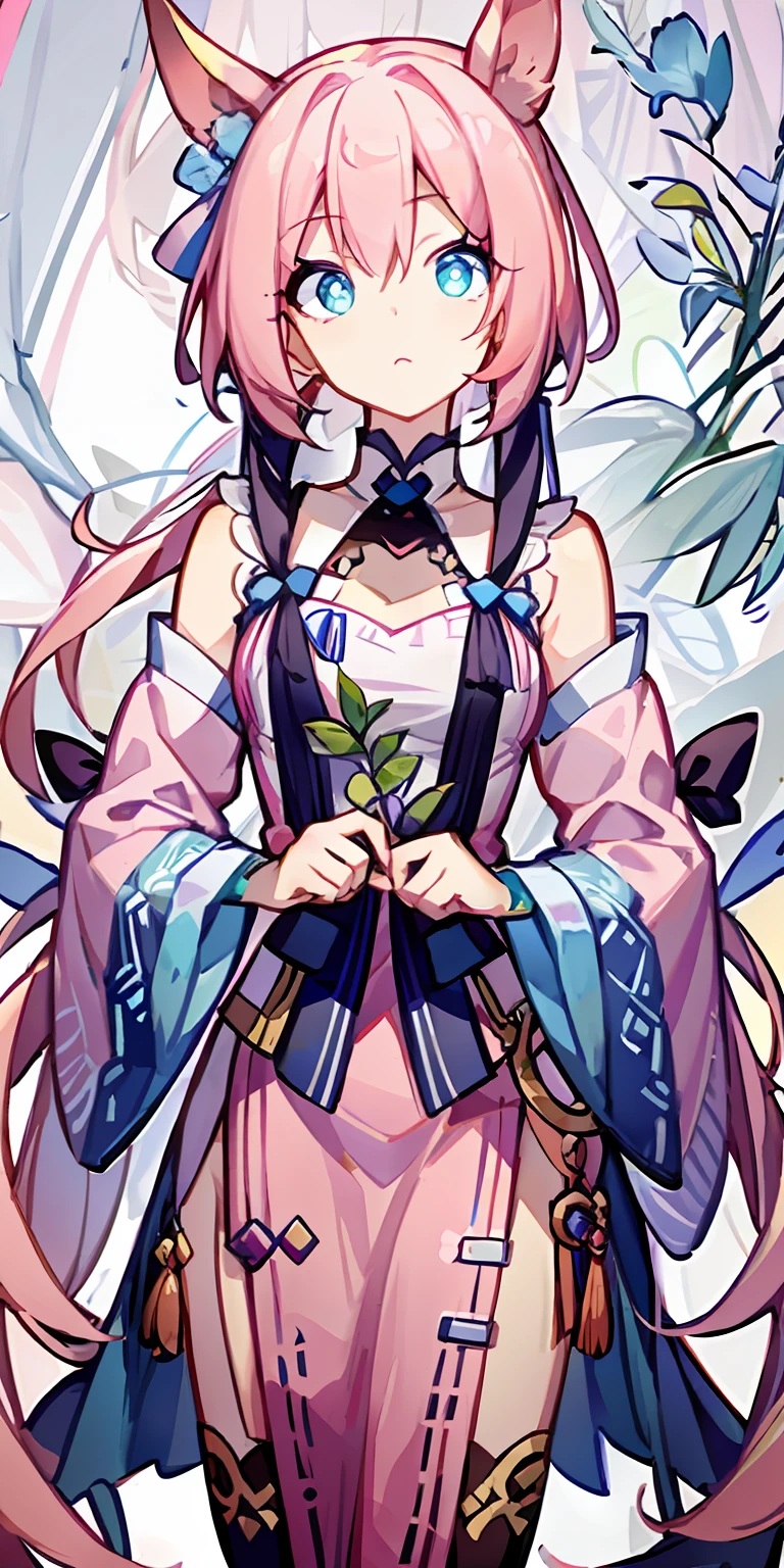 Pink hair,Single horsetail,Pink clothes,Blue pupil