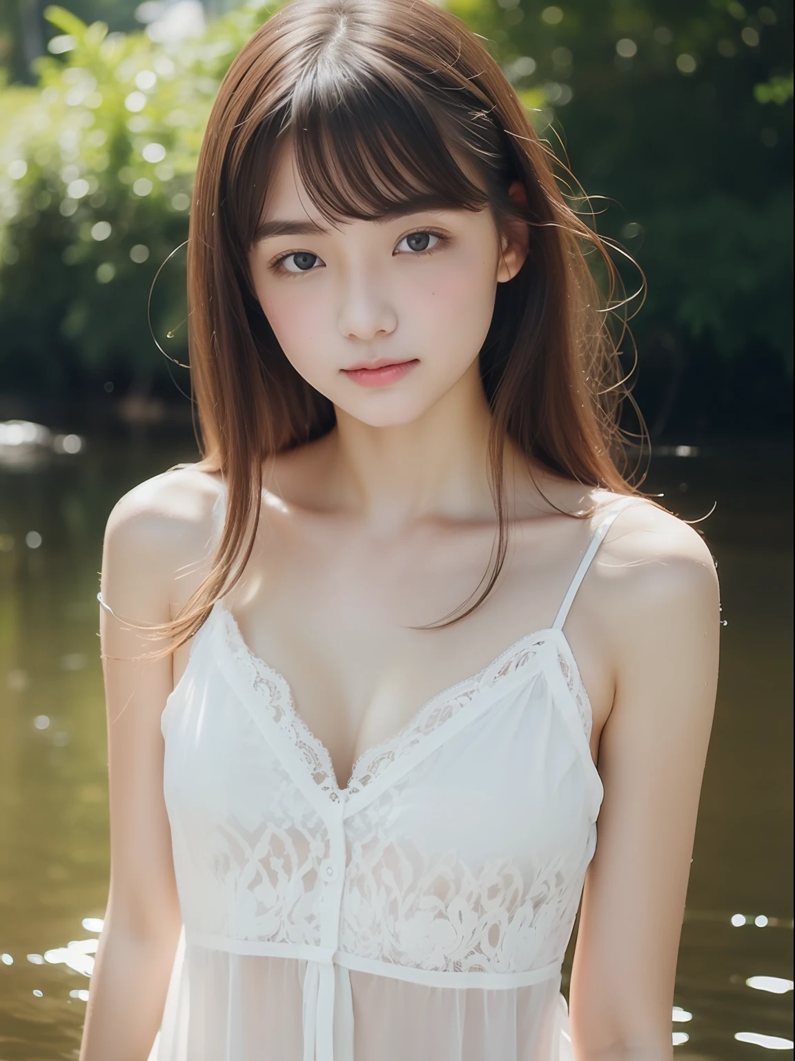 a beauty girl, head shot、sixteen years old、clear stream、Lace white camisole、Wet hair and body