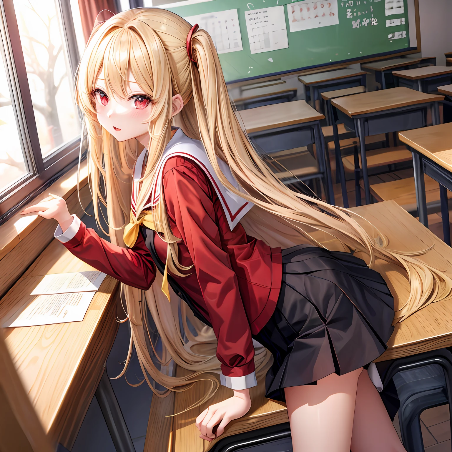a blond、length hair、red eyes、One pretty girl、独奏、animesque、student clothes、Classroom Black Skirt