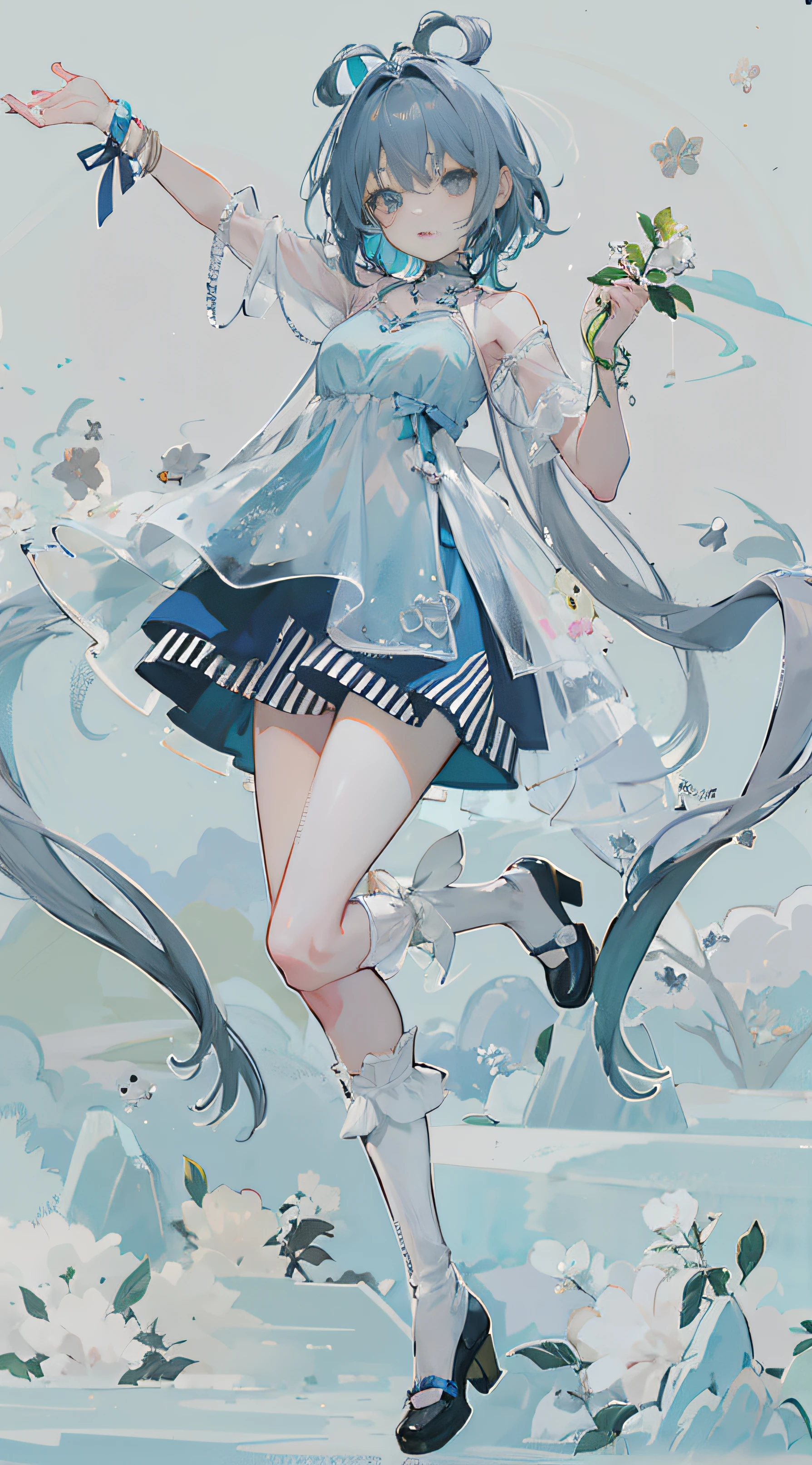 Anime girl in blue dress，Holding a flower in hand, cute anime waifu in a nice dress, loli in dress, (Anime girl), Soft anime illustration, Digital art on Pixiv, Pixiv style, Anime art style, Anime goddess, Anime moe art style, anime visual of a cute girl, Splash art anime Loli, anime full body illustration