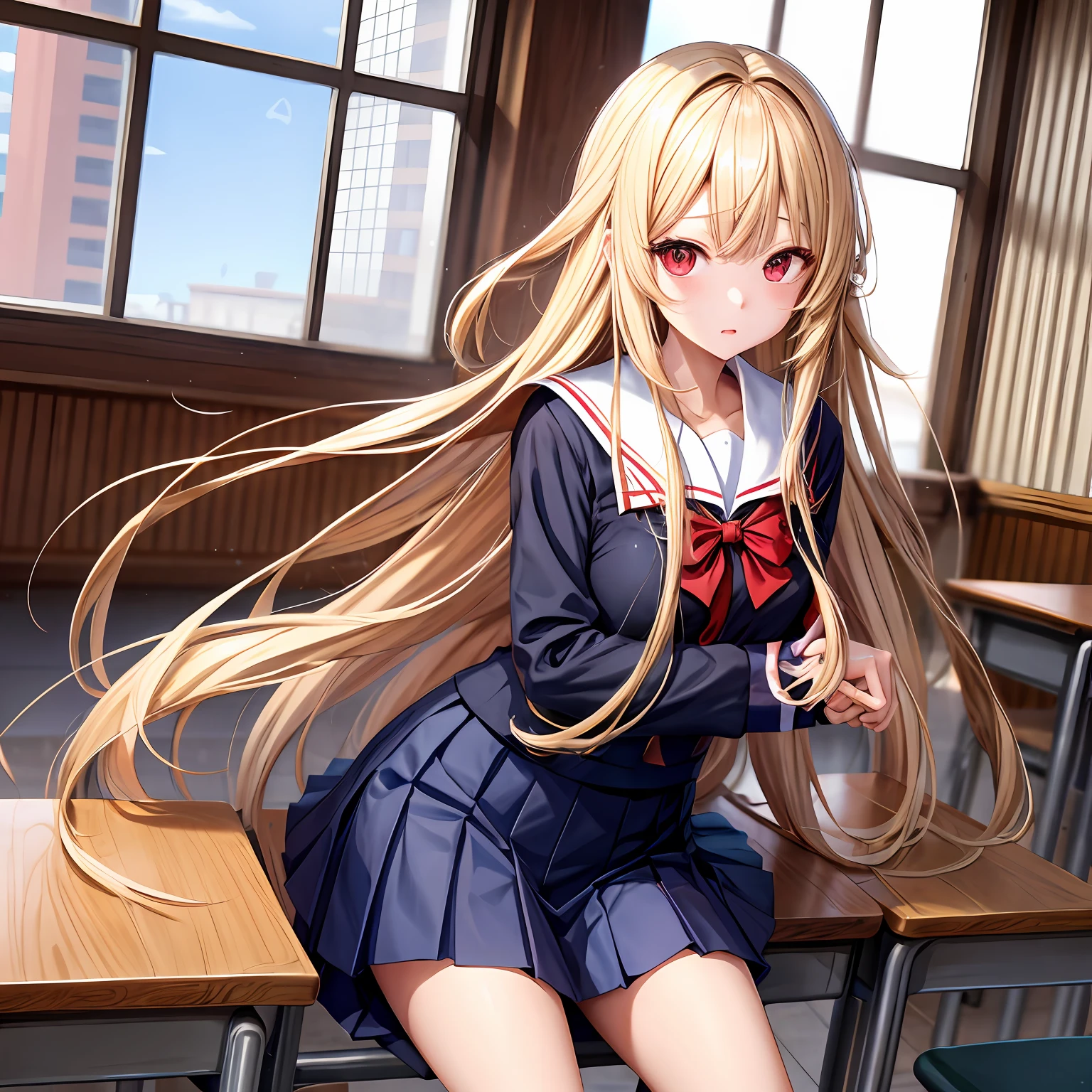 a blond、length hair、red eyes、One pretty girl、独奏、animesque、student clothes、Classroom、Navy blue skirt