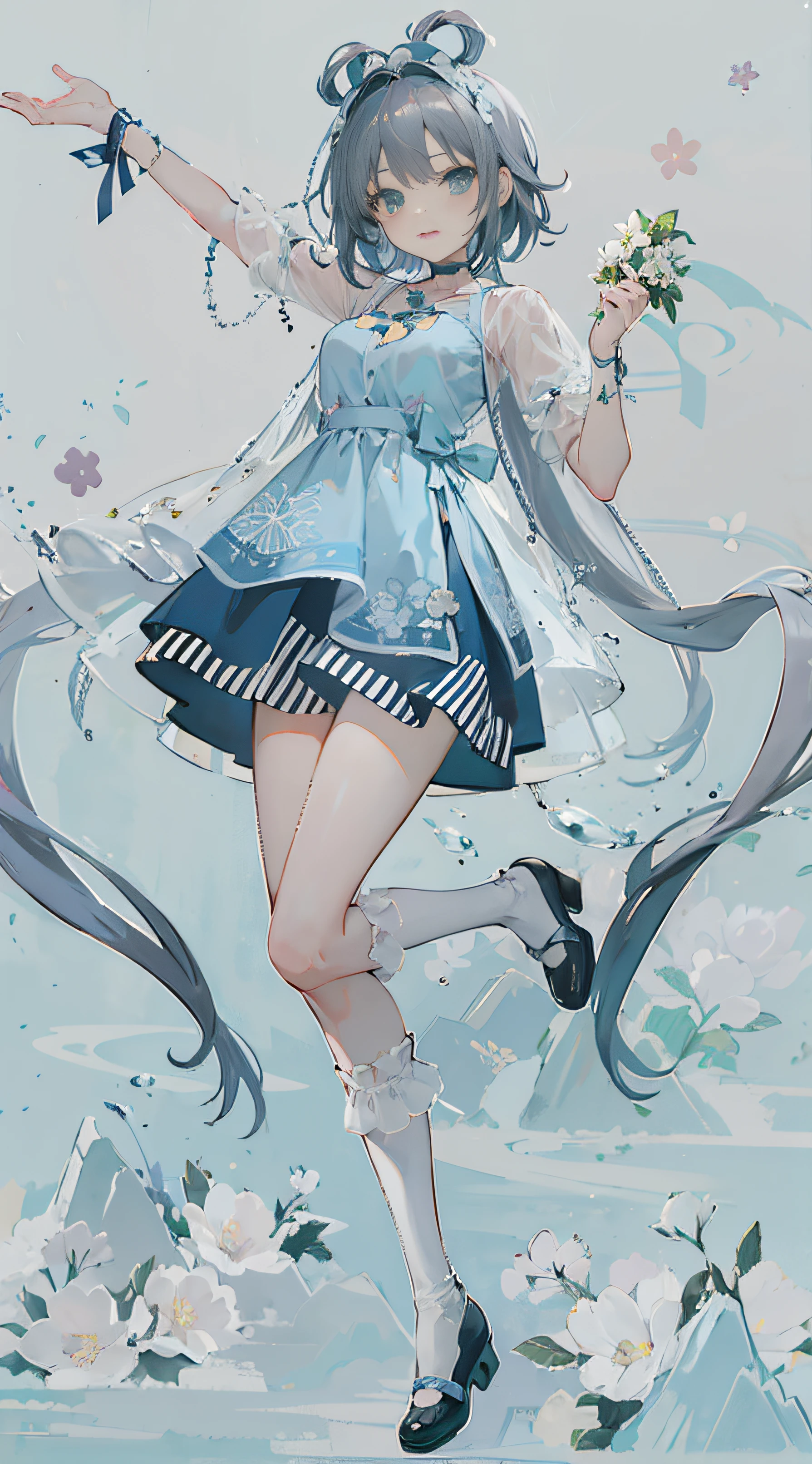Anime girl in blue dress,Holding a flower in hand, cute anime waifu in a nice dress, loli in dress, (Anime girl), Soft anime illustration, Digital art on Pixiv, Pixiv style, Anime art style, Anime goddess, Anime moe art style, anime visual of a cute girl, Splash art anime Loli, anime full body illustration