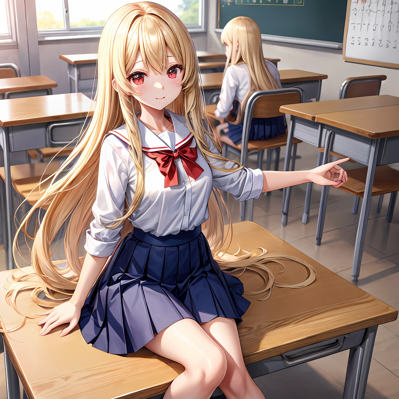 a blond、length hair、red eyes、One pretty girl、独奏、animesque、student clothes、Classroom、Navy blue skirt