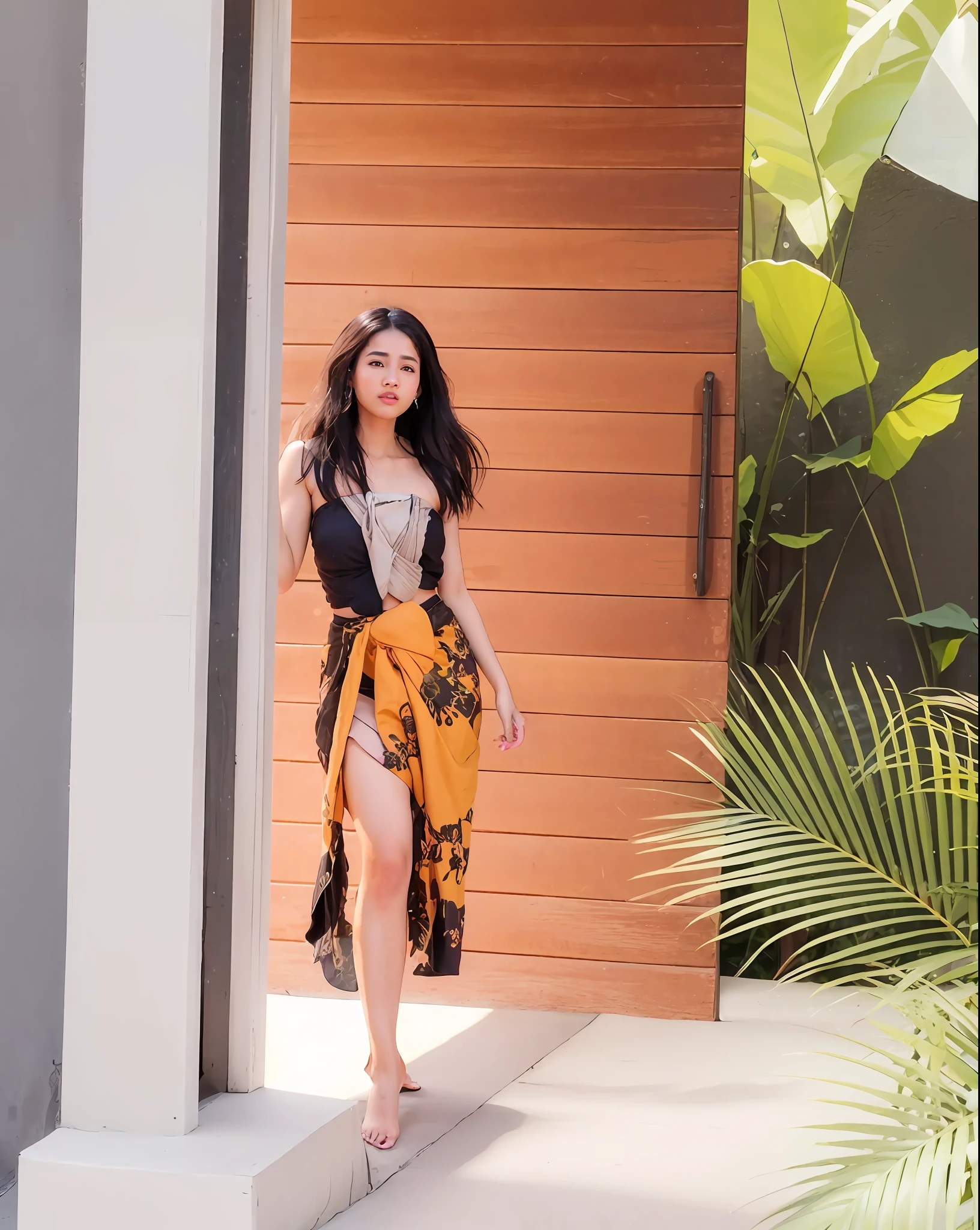 18 years old, women, 1girl, solo,  (masterpiece), (photorealistic),ultra-detailed,(fine skin detail),(best),(super fine),(best quality),(ultra high res),(8k, RAW photo),(soft focus), contrapposto, (realistic), physically-based rendering, 8k, smiling, extremely detailed flowing hair, realistic hair, realistic shadows, photorealistic lighting, close-up to face,((portrait:1.3)), (navel), 

thai slave clothes,  (dark brown thai slave pants), (thai slave strapless shirt),