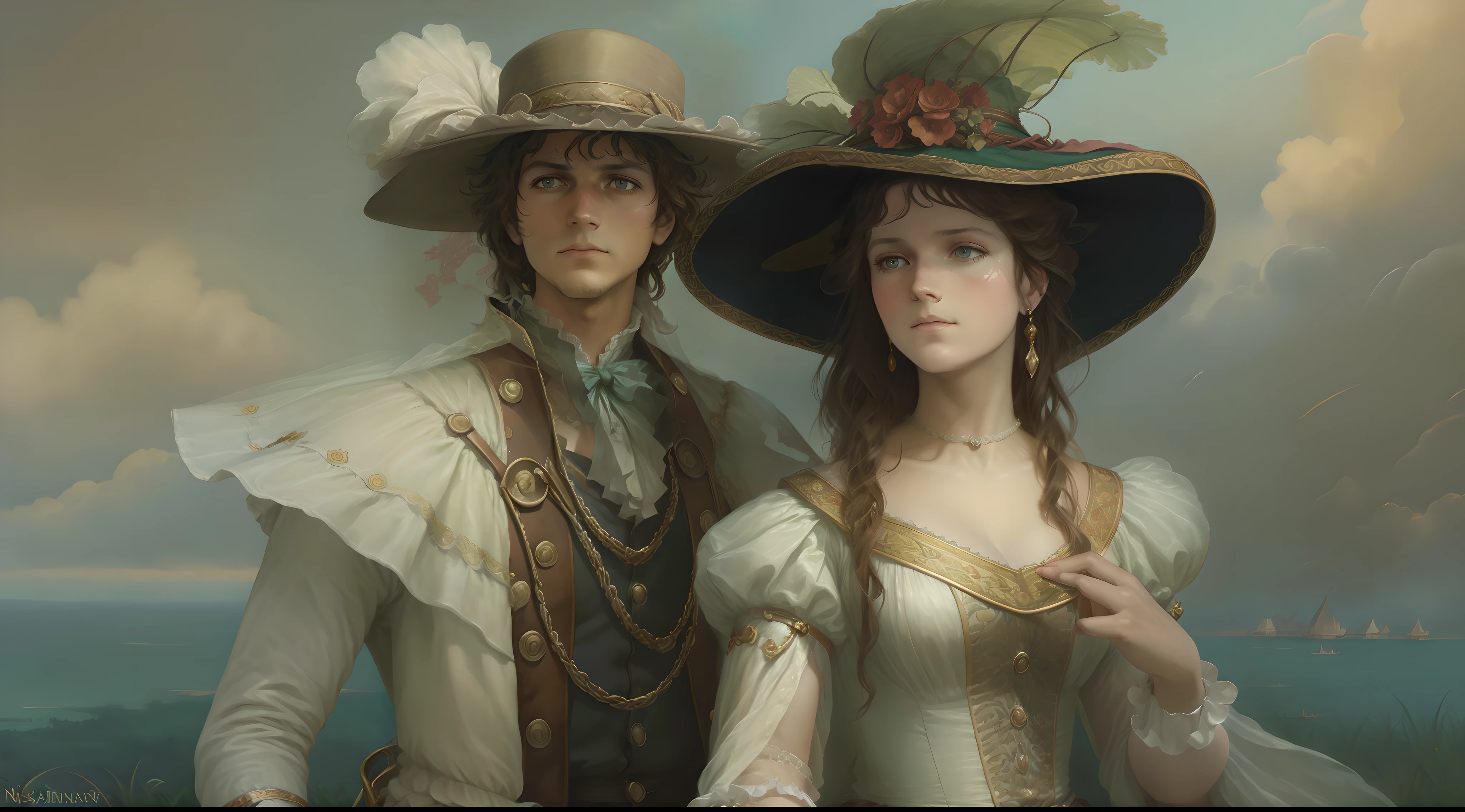 They are dressed in historical costumes and hats for photographs, renaissance digital painting, romance novel cover, Baroque digital painting, Darius Zawadzki and Tom Bagshaw, magali villeneuve and monet, based on Louis Lenain, Donato Giancola and Tom Bagshaw, wlop and andrei riabovitchev, Edmund Blair and Charlie Bauer