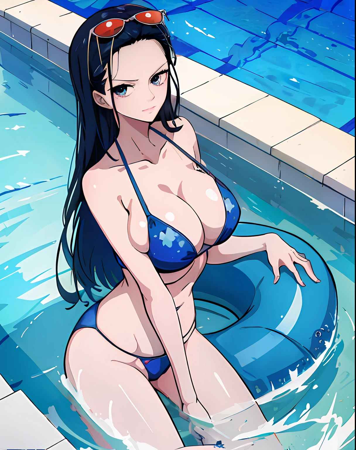 highest quality, masterpiece, ultra-definition, 8k, extremely detailed, Artwork is in the highest quality Japanese anime style Create a 4DCG masterpiece One Piece female character Nico Robin、Adult woman with dark hair、Good style、Good style、Blue Eyes、Wearing a blue bikini、Riding a float in the pool、Wearing sunglasses on your head