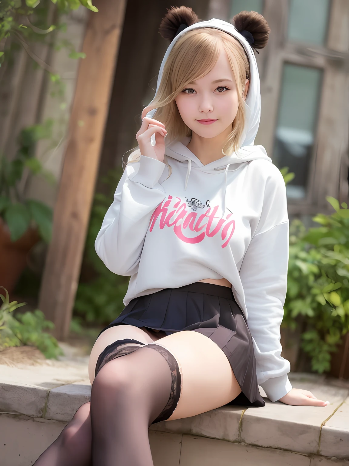 best quality, ultra detailed, extremely detailed, realistic, (masterpiece:1.1), high quality, (highres), female, idol, 22 years old,  smile, embarrassed, blush, slender, pale skin, light blonde hair, wavy hair, medium hair, (hoodie,  \(see-through\) skirt), nsfw, small breasts, panties, pantyhose, kneehighs,