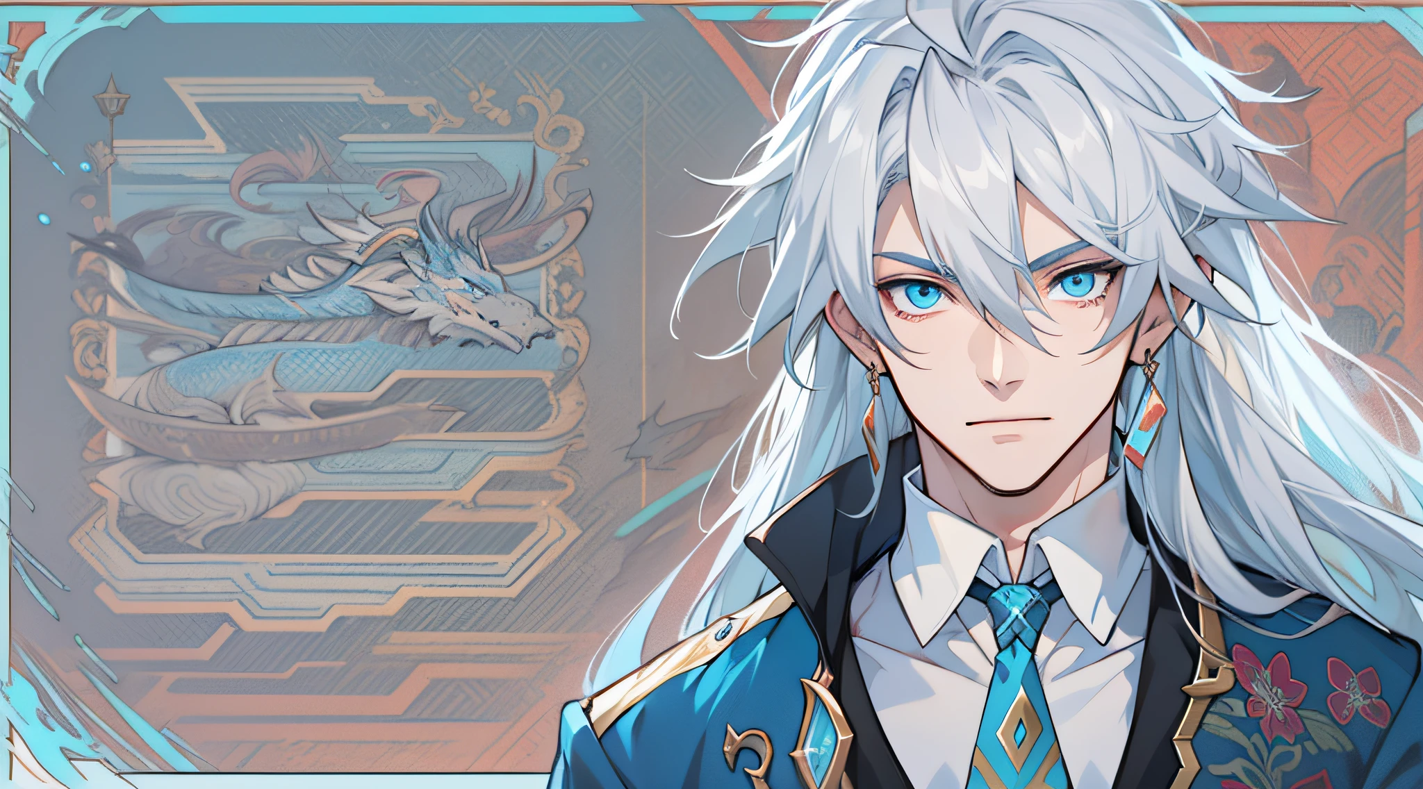 solo, handsome man, 1man, 1:4 masterpiece, anime character with long white hair and blue eyes , zhongli from genshin impact, white haired deity, tall anime guy with blue eyes, onmyoji portrait, casimir art, beautiful androgynous prince, heise jinyao,black blue shirt, black suit,white overcoat, Portrait, small blue dragon around man, focus viewer, water, Portrait, messy hair, stand in University, blue tie, black jean