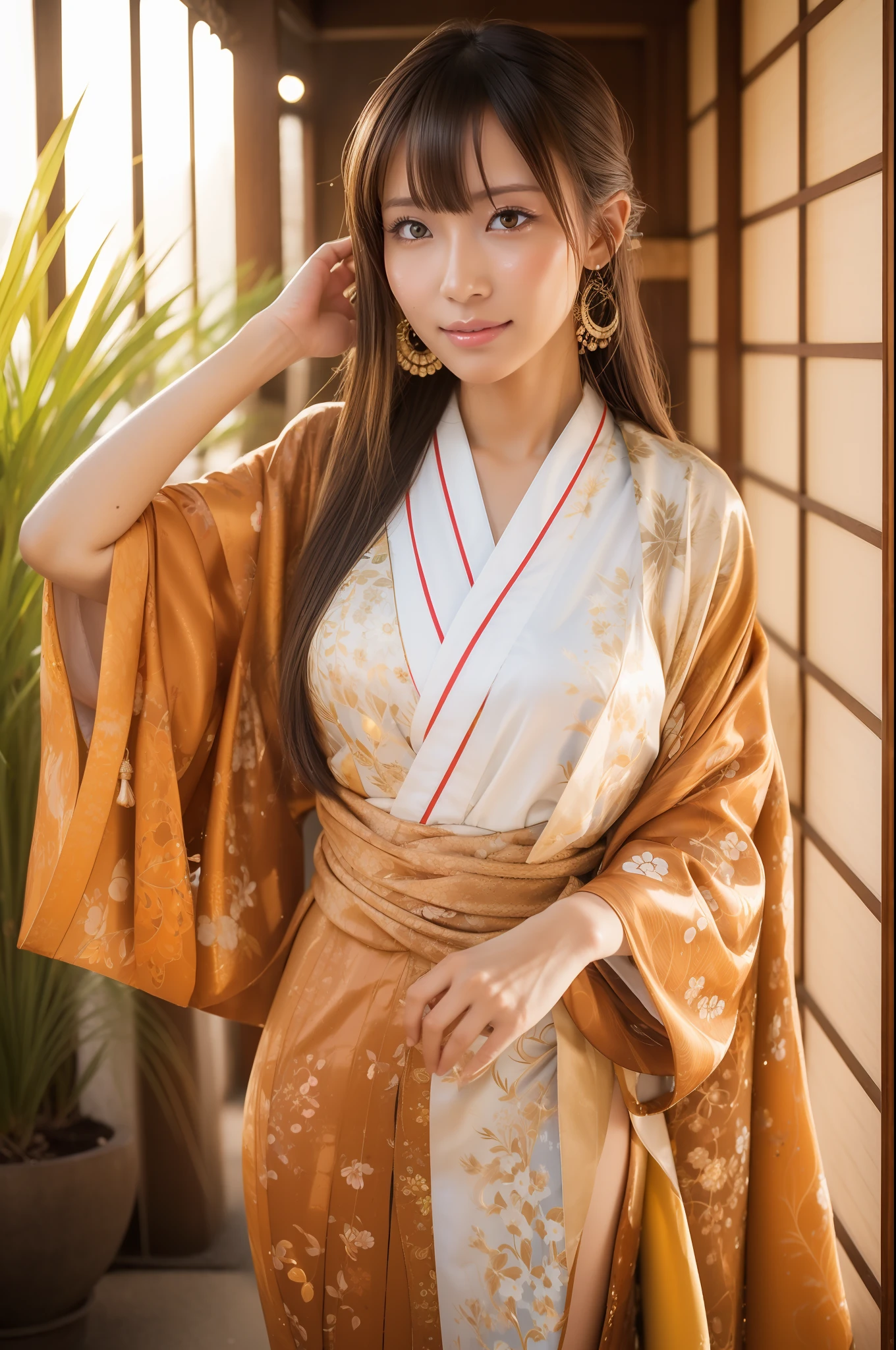gyaru, (shiny oiled skin:1.2), Wearing traditional patterned Japanese kimono, sun shine