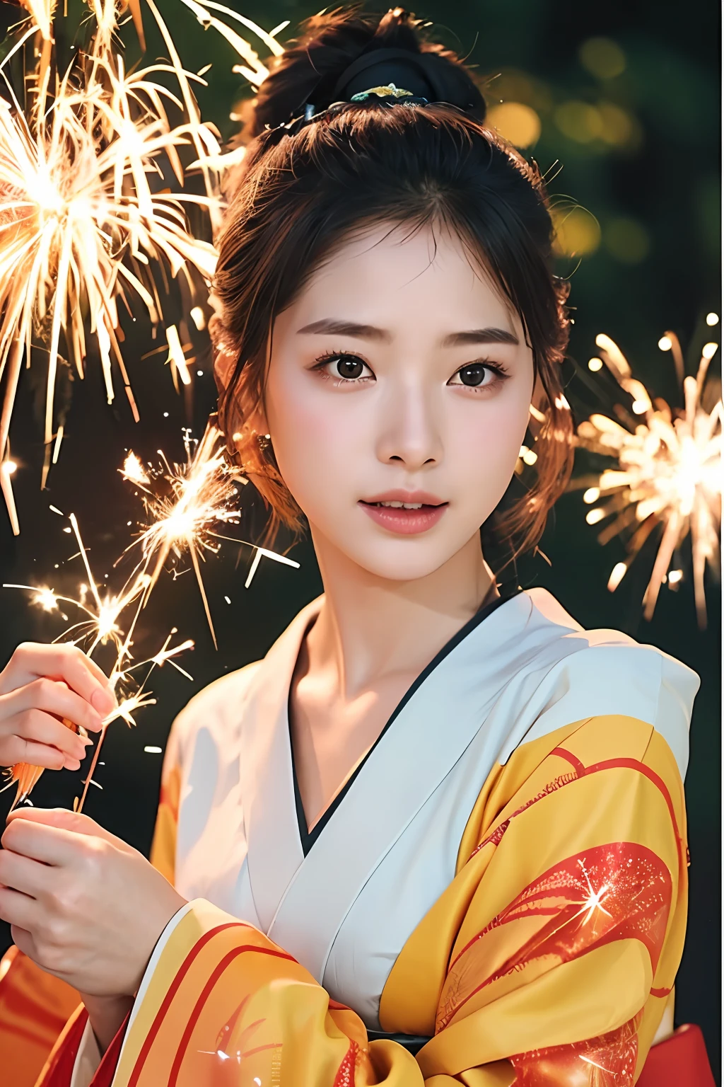 (extra detailed body、extra detailed face、best qualtiy:1.2)、femele、looking at the viewers、(kimono)、(sparklers:1.4)