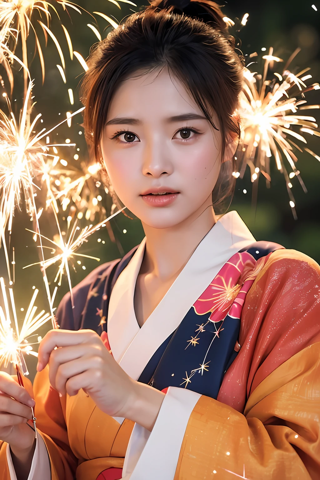 (extra detailed body、extra detailed face、best qualtiy:1.2)、femele、looking at the viewers、(kimono)、(sparklers:1.4)