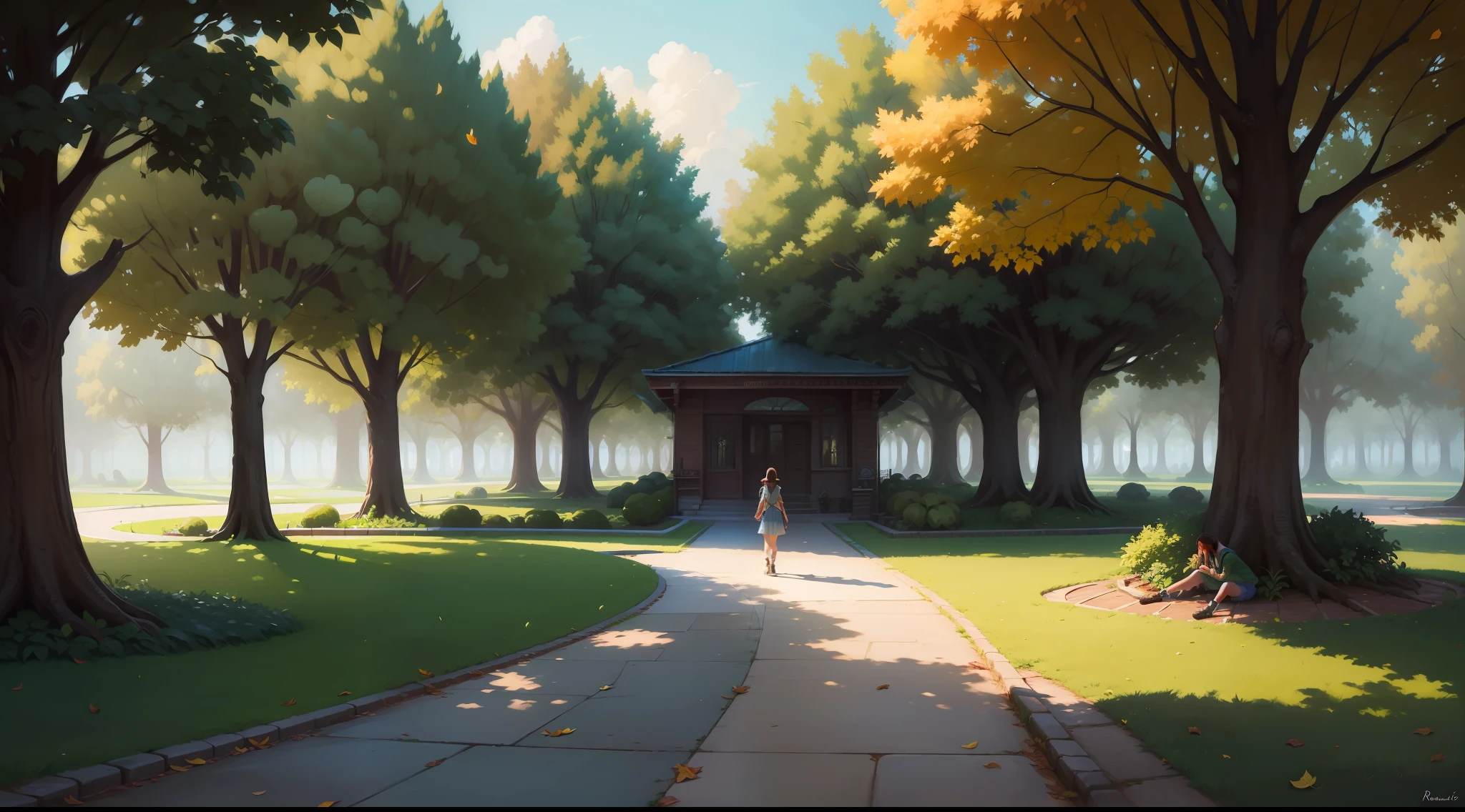 (Magic photo:1.3) de (realista:1.3), mulher jovem  passeando pelo parqueparque verde com arvores ,Benches and leaves on the floor,(por Artista RHADS:1.3),altamente detalhado,(provia:1.3)