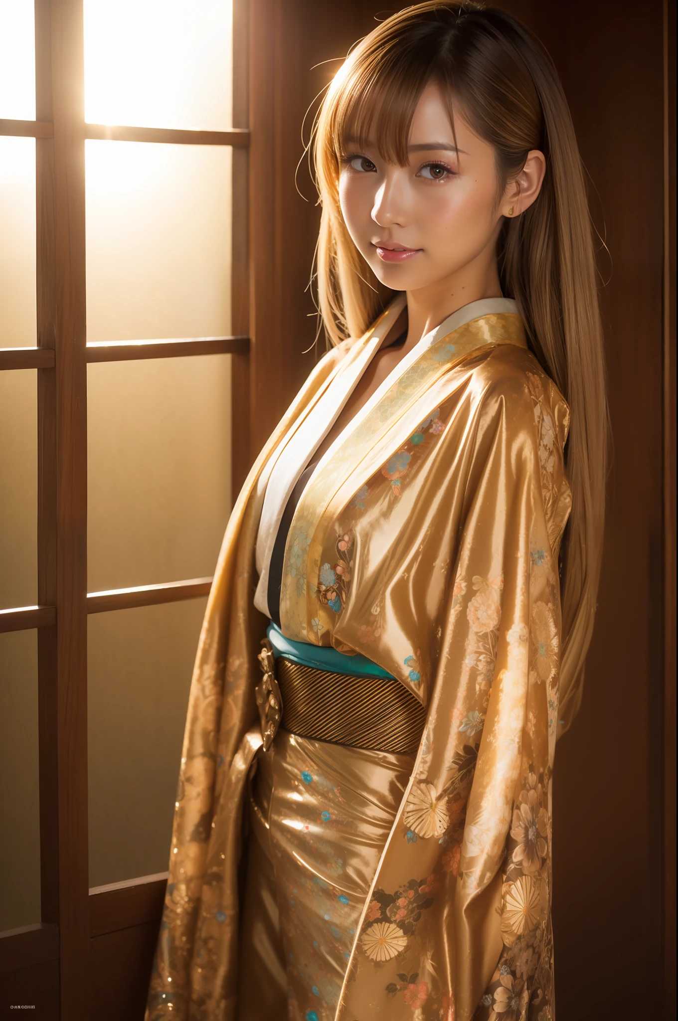 gyaru, (shiny oiled skin:1.2), Wearing traditional patterned Japanese kimono, soft lighting, sun shine