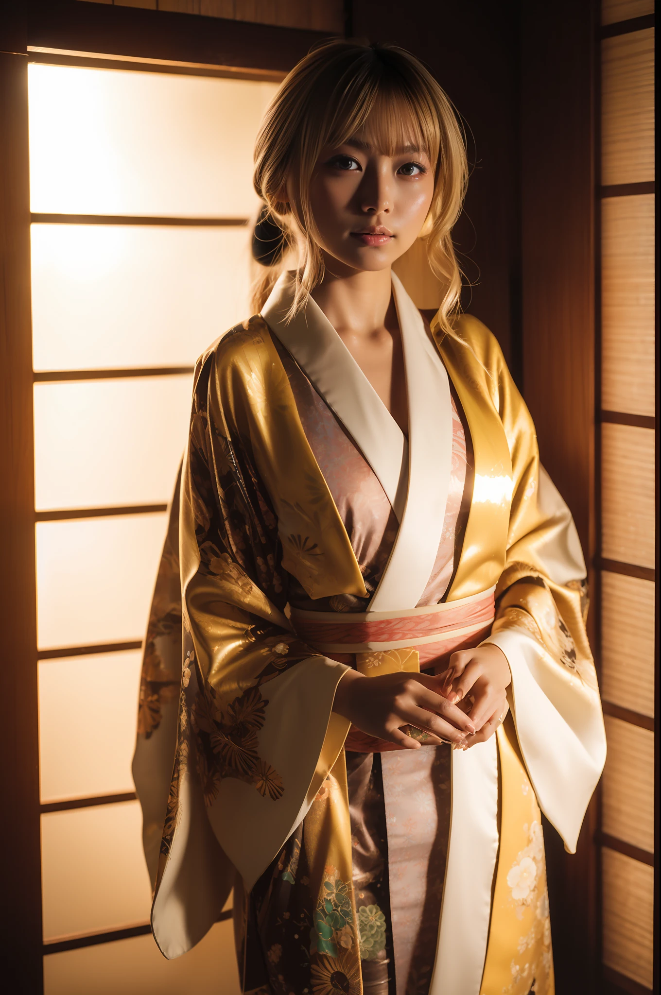 gyaru, (shiny oiled skin:1.2), Wearing traditional patterned Japanese kimono, soft lighting, sun shine