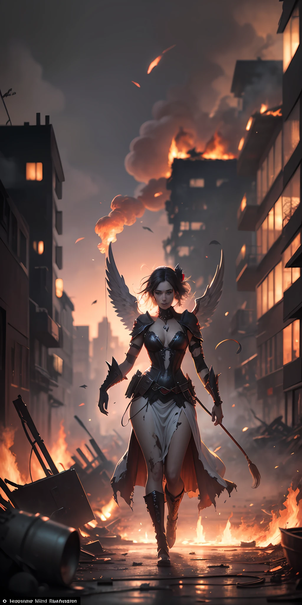 (front view:1. 2) of a black and red graceful evil fallen female angel,finely detailed features,warmly lit from the front,hyper realistic, ultra detailed photograph of a woman, large white wings folded down, sad, intricate white dress, walk on decrepit street in fire, destroyed buildings, dark sky, active fires in background, volumetric fog, subsurface scattering, ambient occlusion, post apocalyptic, ruins of war, fire, smoke, --auto --s2