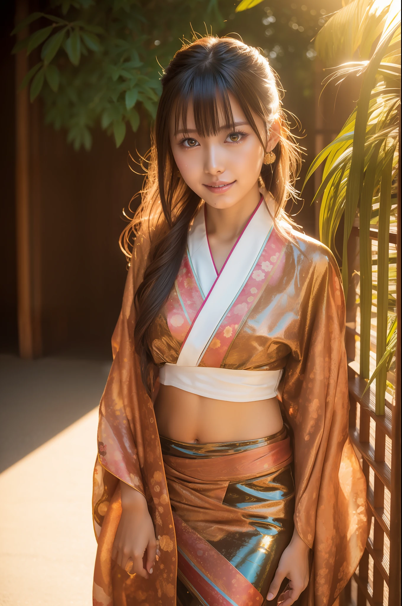 gyaru, (shiny oiled skin:1.2), Wearing traditional patterned Japanese kimono, soft lighting, sun shine
