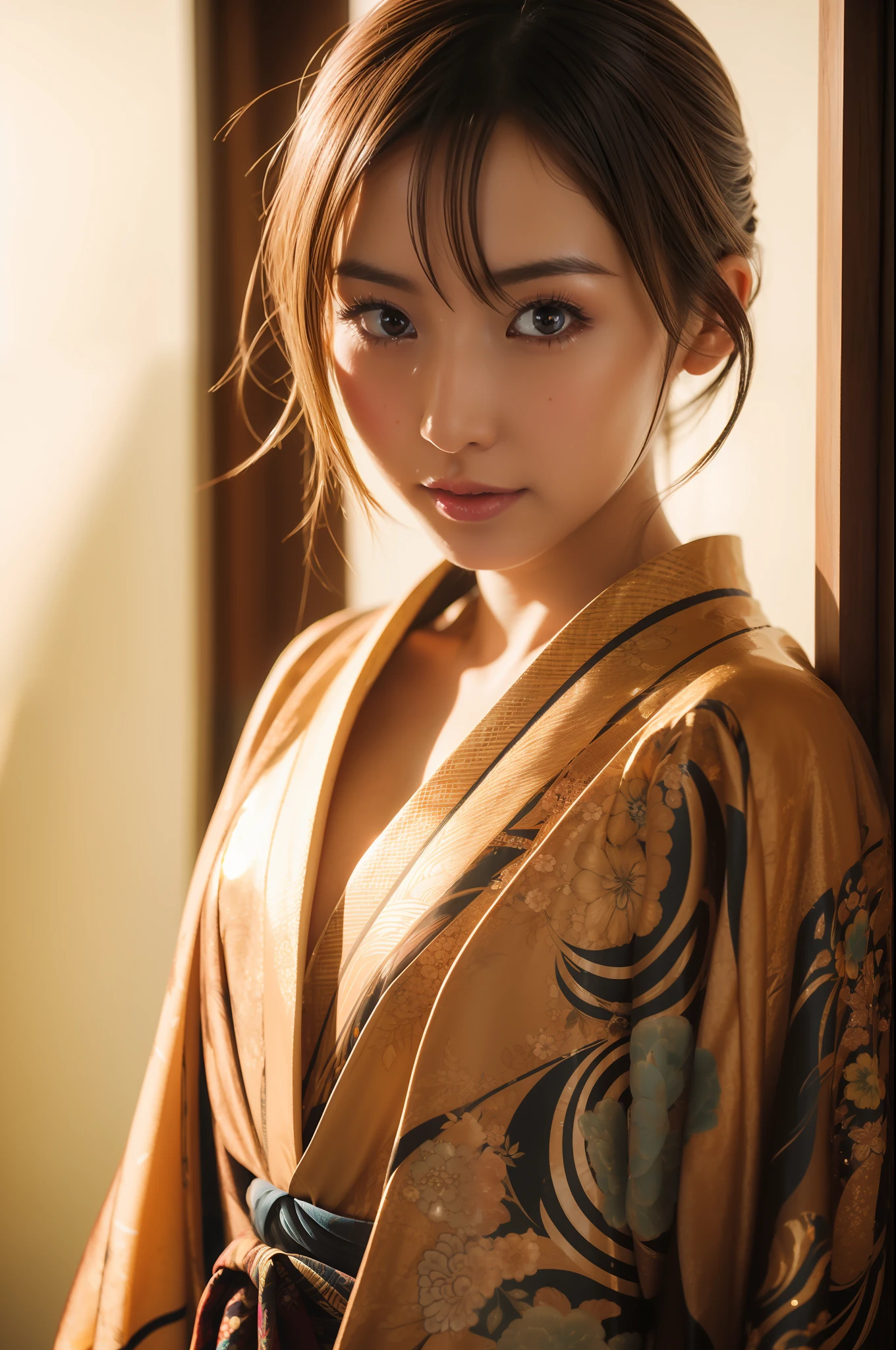 gyaru, (shiny oiled skin:1.2), Wearing traditional patterned Japanese kimono, soft lighting, sun shine