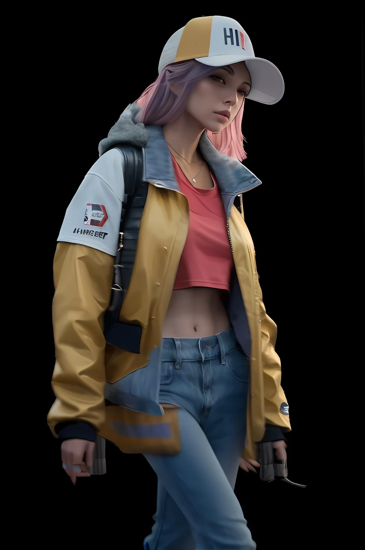 a woman in a baseball cap and jacket walking, hyperreal